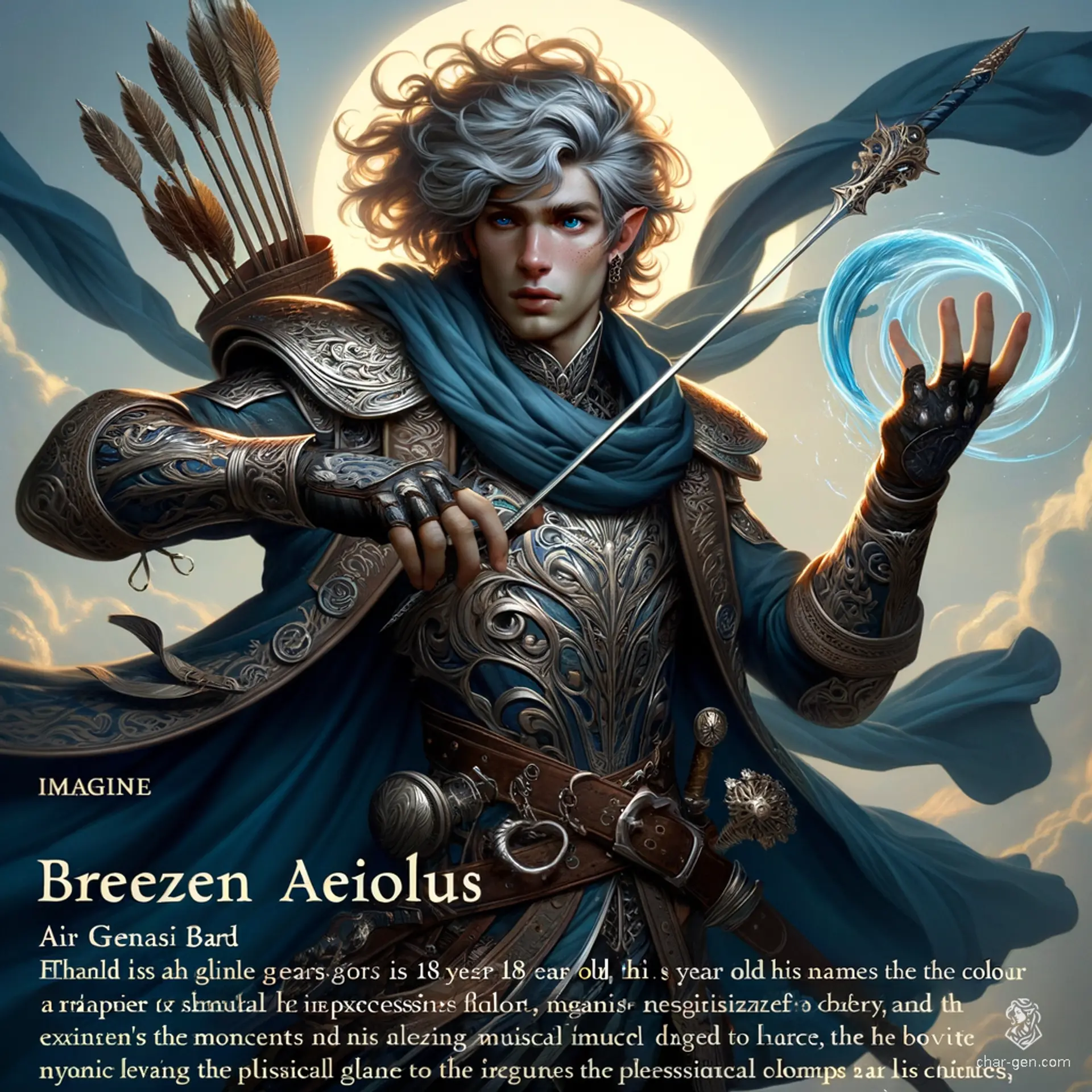 Breezen Aeolus, an 18-year-old air genasi bard, captivates with his sky-blue skin and stormy grey hair. Agile and charming, he wields a rapier and magical instrument, using graceful gestures to weave enchanting melodies. Clad in ornate leather armor, he embodies noble elegance and mastery of the winds.