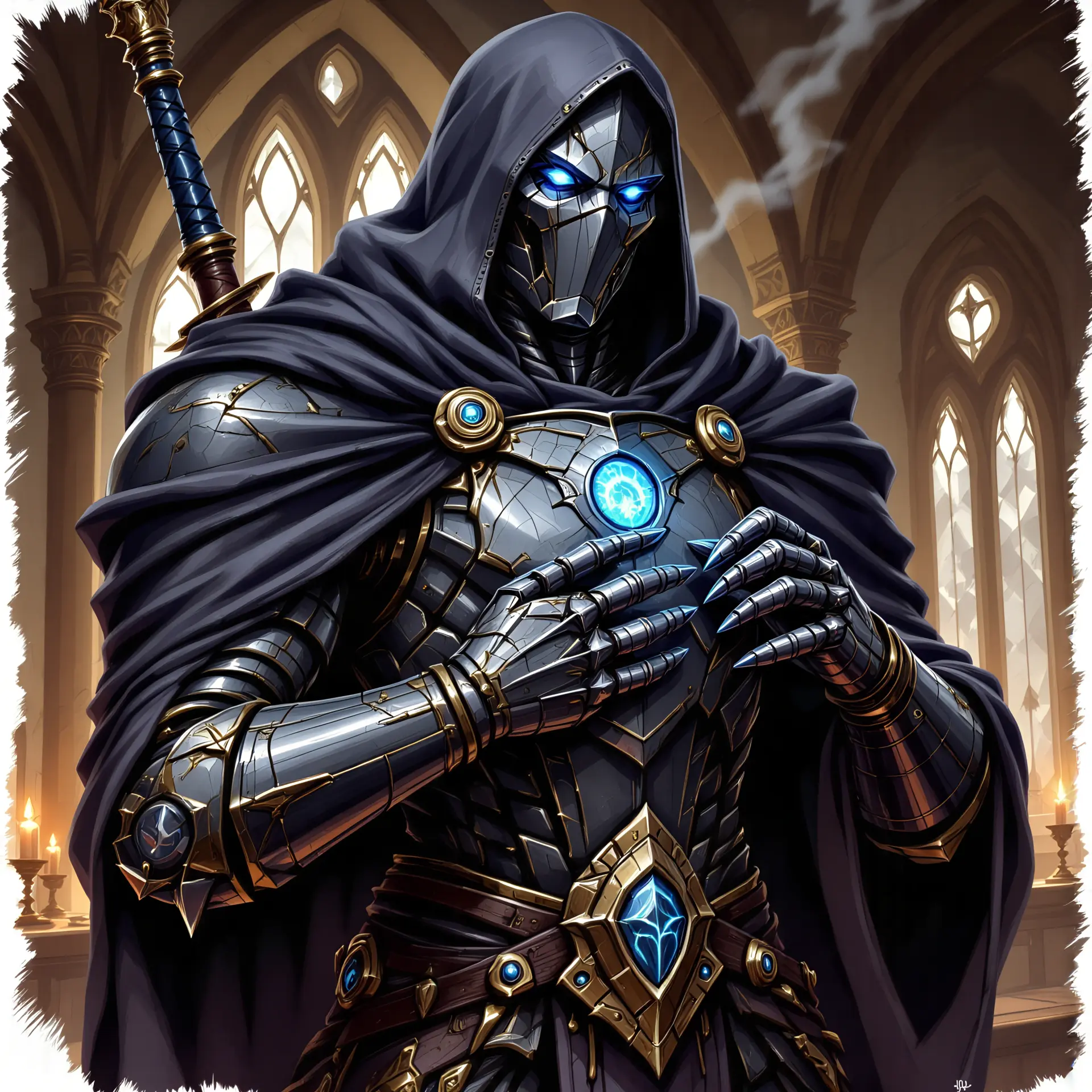 A towering warforged artificer, intricately crafted with arcane engravings, commands attention as he calibrates his weaponry in a candlelit study. His glowing blue rune and intelligent, flickering eyes reveal the harmony of magic and technology, while his mechanical wolf companion stands ready, embodying both beauty and power.