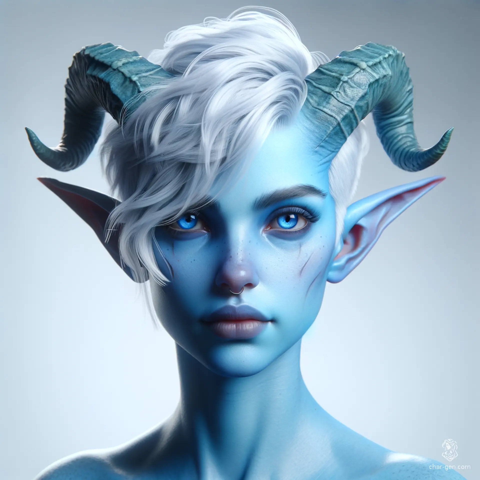 This striking Tiefling female boasts light blue skin and a unique hairstyle, with shaved sides and short, flowing white hair. Her majestic horns curve elegantly from her forehead, embodying a blend of beauty and strength in this hyperrealistic 4K digital art depiction.