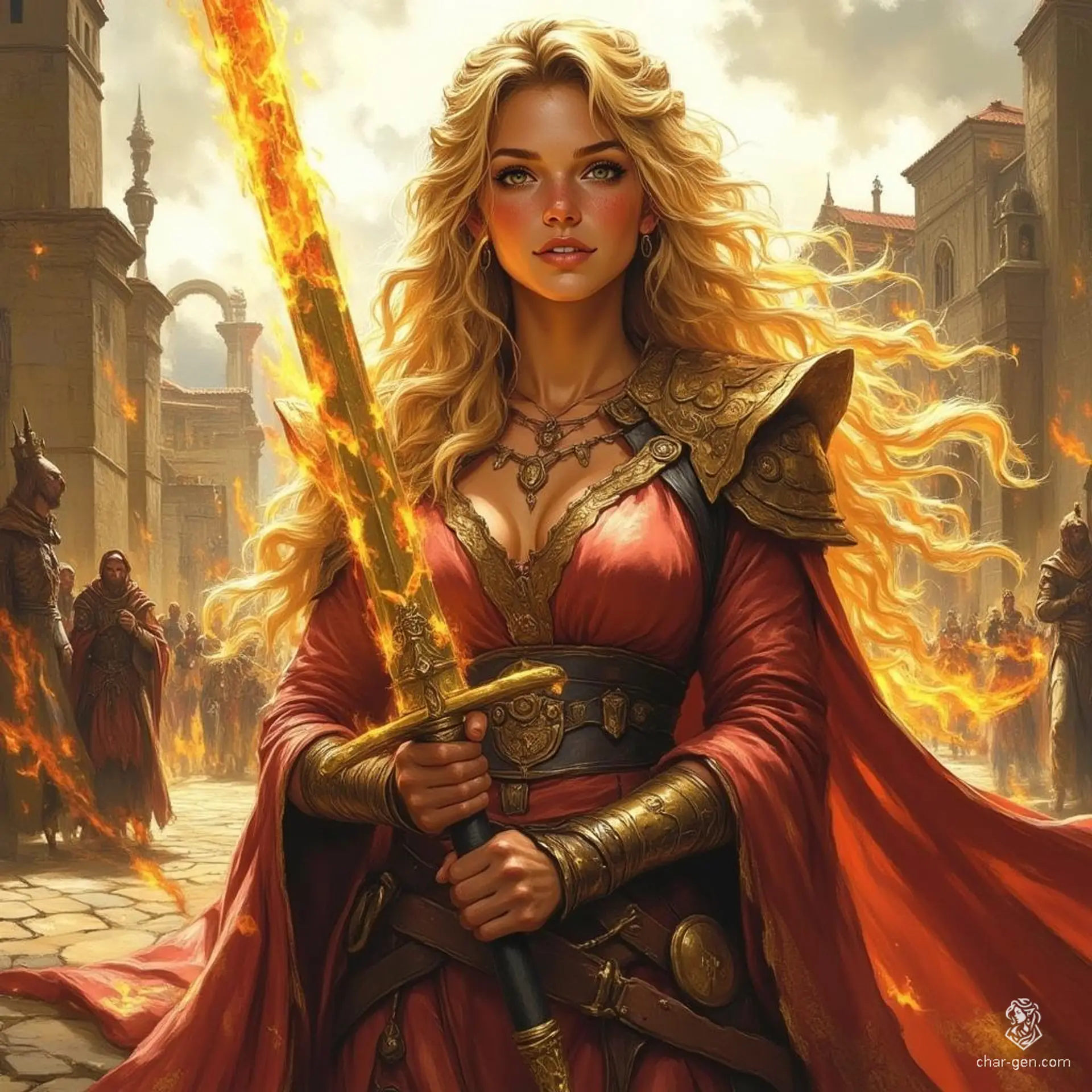 In a realm of fantasy, a regal warrior stands in a sunlit desert, her flowing golden hair and glowing amber eyes radiating strength. Clad in ornate gold and crimson armor adorned with lion motifs, she wields a flaming golden sword, embodying power and confidence in an awe-inspiring display.