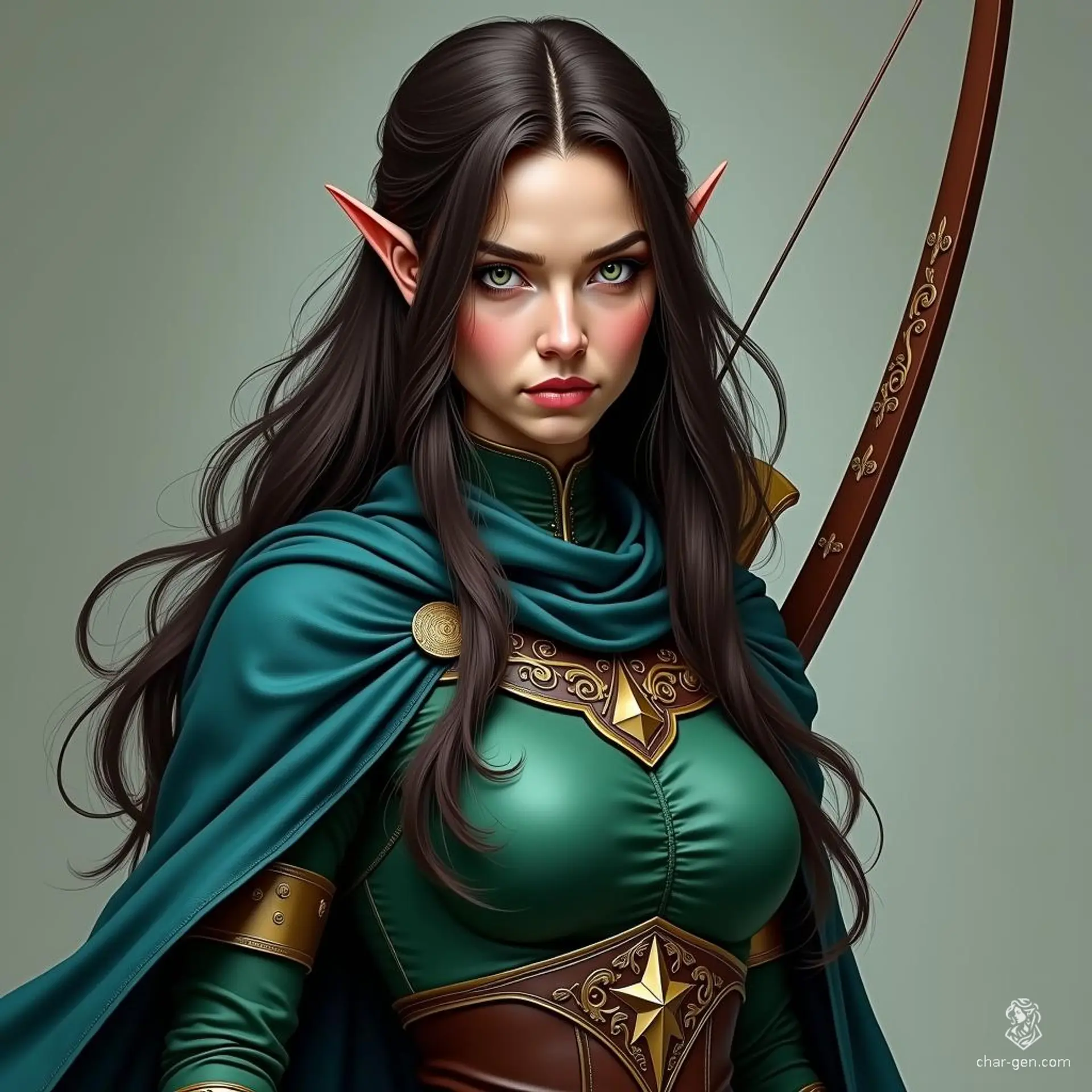 Lyra, a formidable half-elf blood hunter and warlock, wields her longbow with skill. Her long dark brown hair frames a serious face, while piercing green eyes reveal an unyielding spirit. Clad in understated armor of blue and green, her muscular physique embodies both strength and grace.