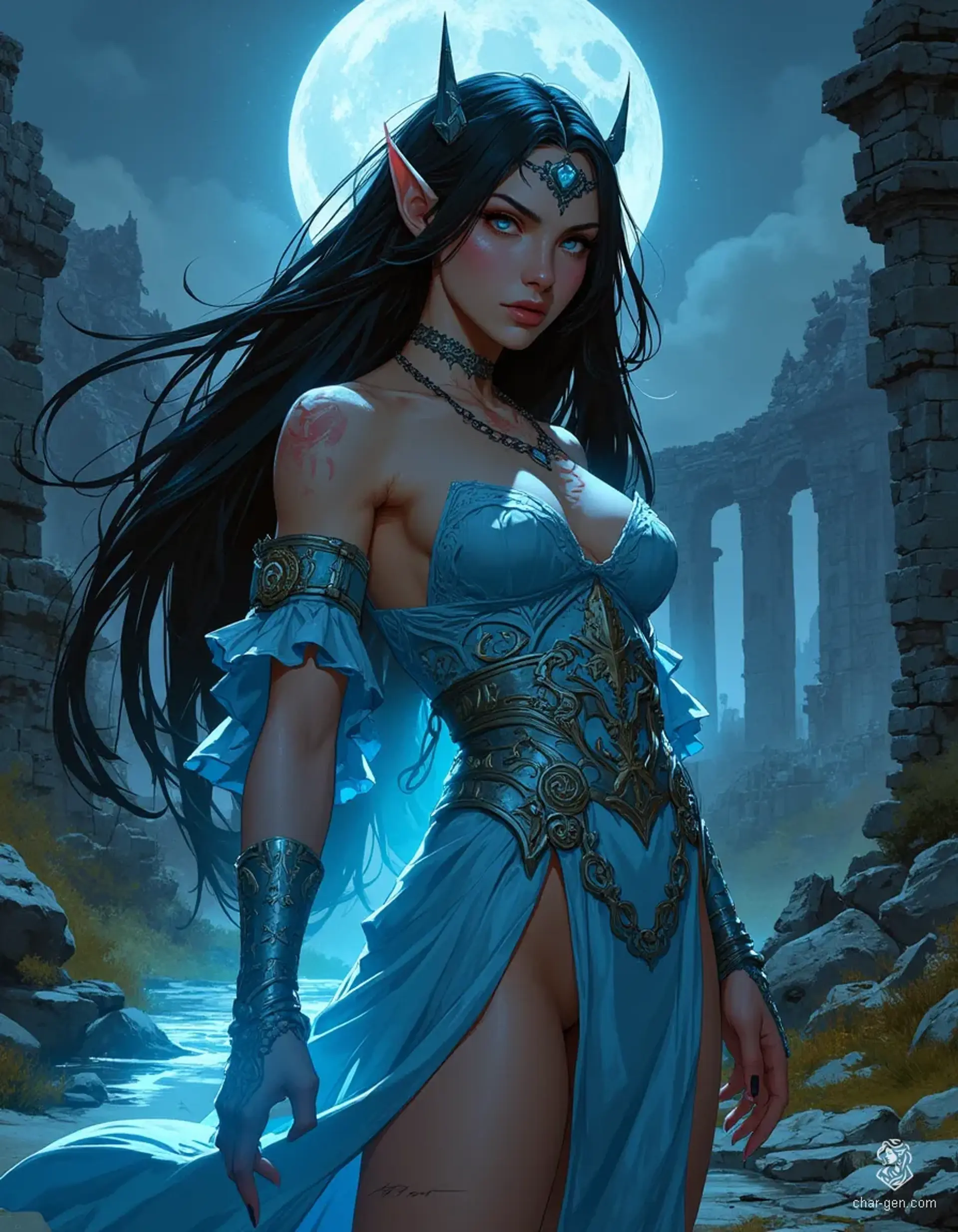 In the moonlit forest, an enchanting elven sorceress emerges. With pale blue eyes and jet-black hair cascading like silk, she exudes beauty and power. Clad in a fitted pale blue dress, her delicate features and glowing magic captivate as she hunts with graceful movements, embodying ethereal elegance.