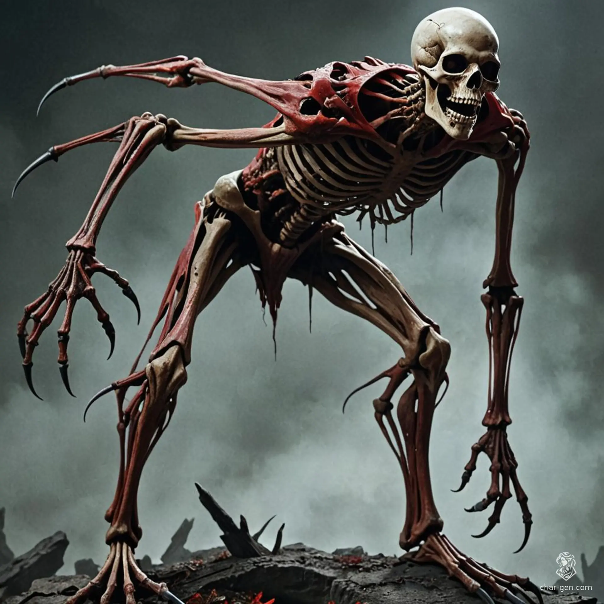 This monstrous entity is a corrupted, diseased, and enraged abomination, towering with a skeletal frame and elongated limbs. It boasts super muscular proportions, multiple jagged claws, and a twisted spine. With hollow, glowing red eye sockets and tattered dark robes, it stalks the night in a crouched predatory stance. Its grotesque form features multiple faces embedded in its diseased, contrasting medium-skinned body, lined with yellow teeth and old scars.