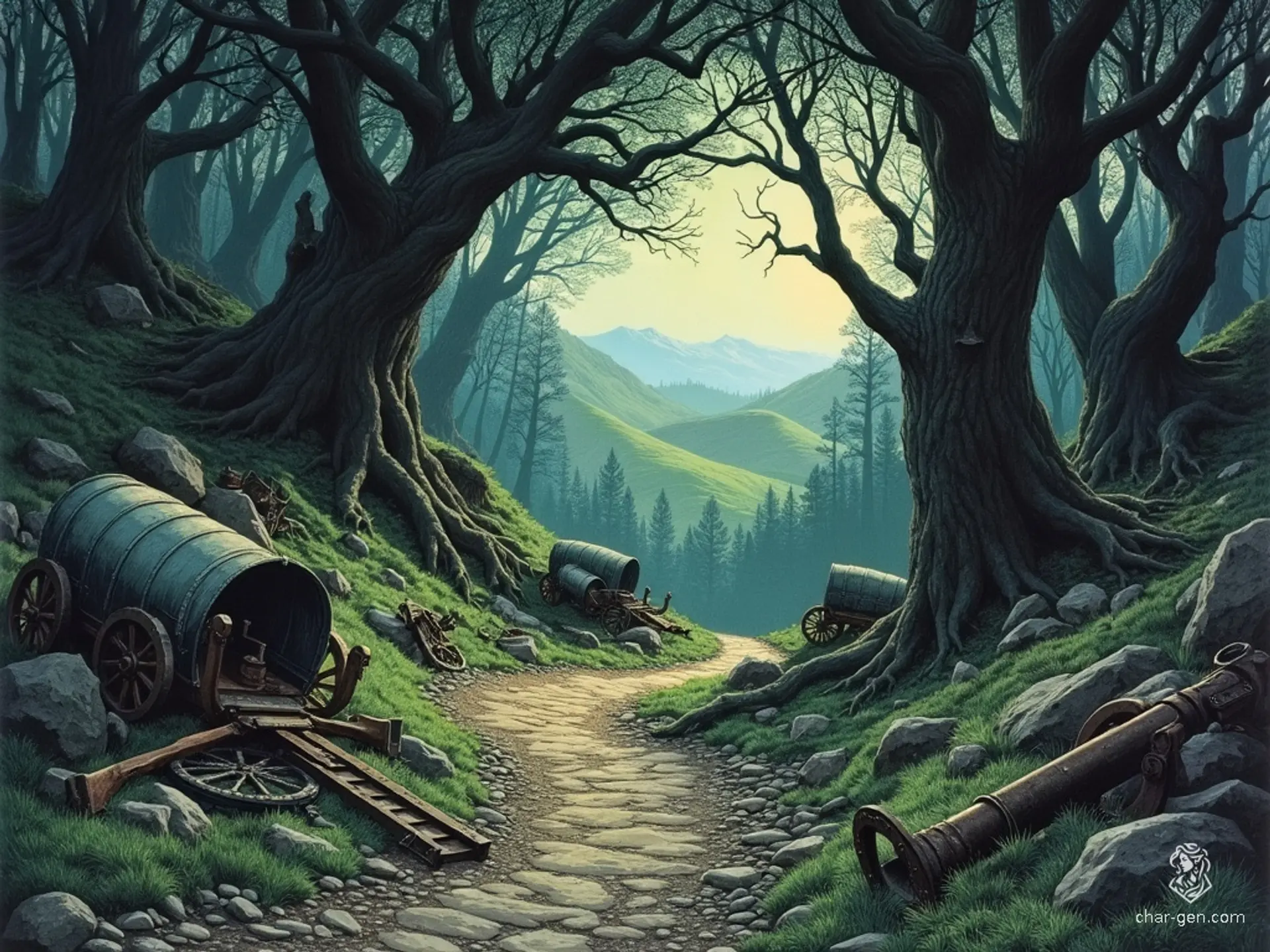 A narrow, rugged trail winds through dense, dark forests and over rolling hills. Twisted trees form a thick canopy overhead, casting deep shadows on the path. Broken carts and rusted weapons lie in overgrown clearings, adding to the eerie, perilous atmosphere.
