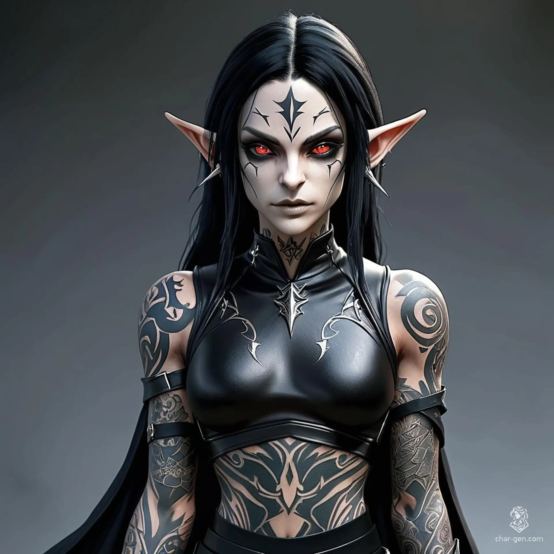 A shadow-kissed rogue, this fluid-gendered shadar-kai assassin has raven hair, obsidian eyes, and tattooed white skin. Clad in dark clothing with concealed daggers, they move stealthily, their light-footed stance and dark aura blending seamlessly into the shadows.