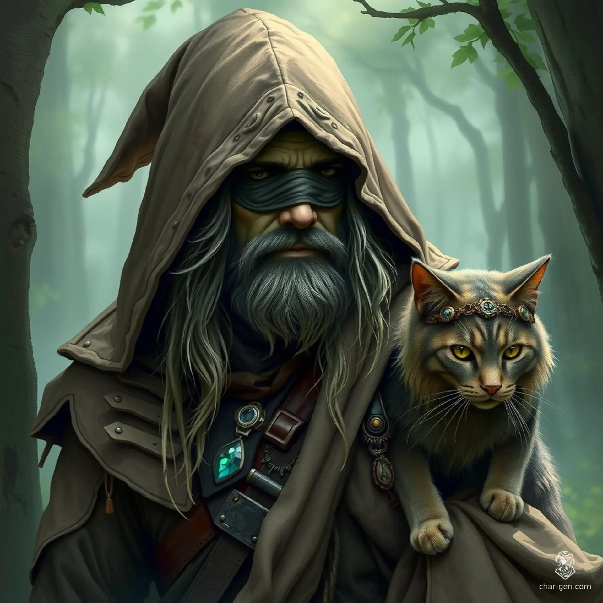 A hooded druid cloaked in tattered earth-toned robes, blindfolded yet perceptive, possesses gentle green skin and flowing hair adorned with talismans. With his steadfast spirit shaped by a troubled past, he roams the forest alongside his loyal winged cat, Tressym.