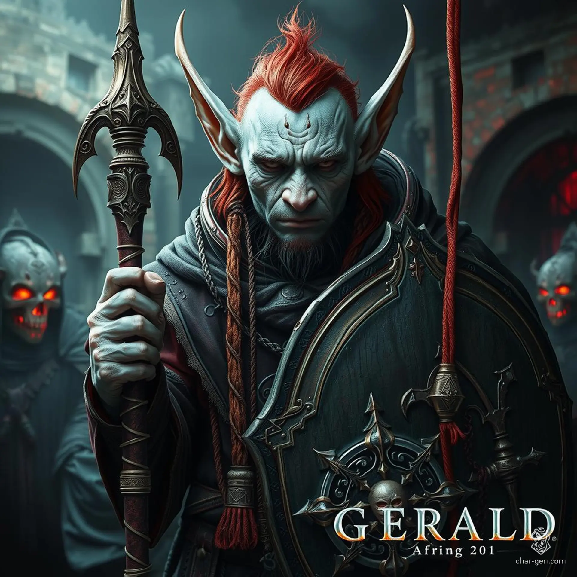 Gerald, a wise and gentle firbolg cleric with serene demeanor, features light blue skin, large elf-like ears, red hair, and a large round nose. He wields a quarterstaff and bears an intricately detailed protective shield. Dedicated to knowledge, his life's work is a comprehensive series of tomes, though he struggles to keep secrets.