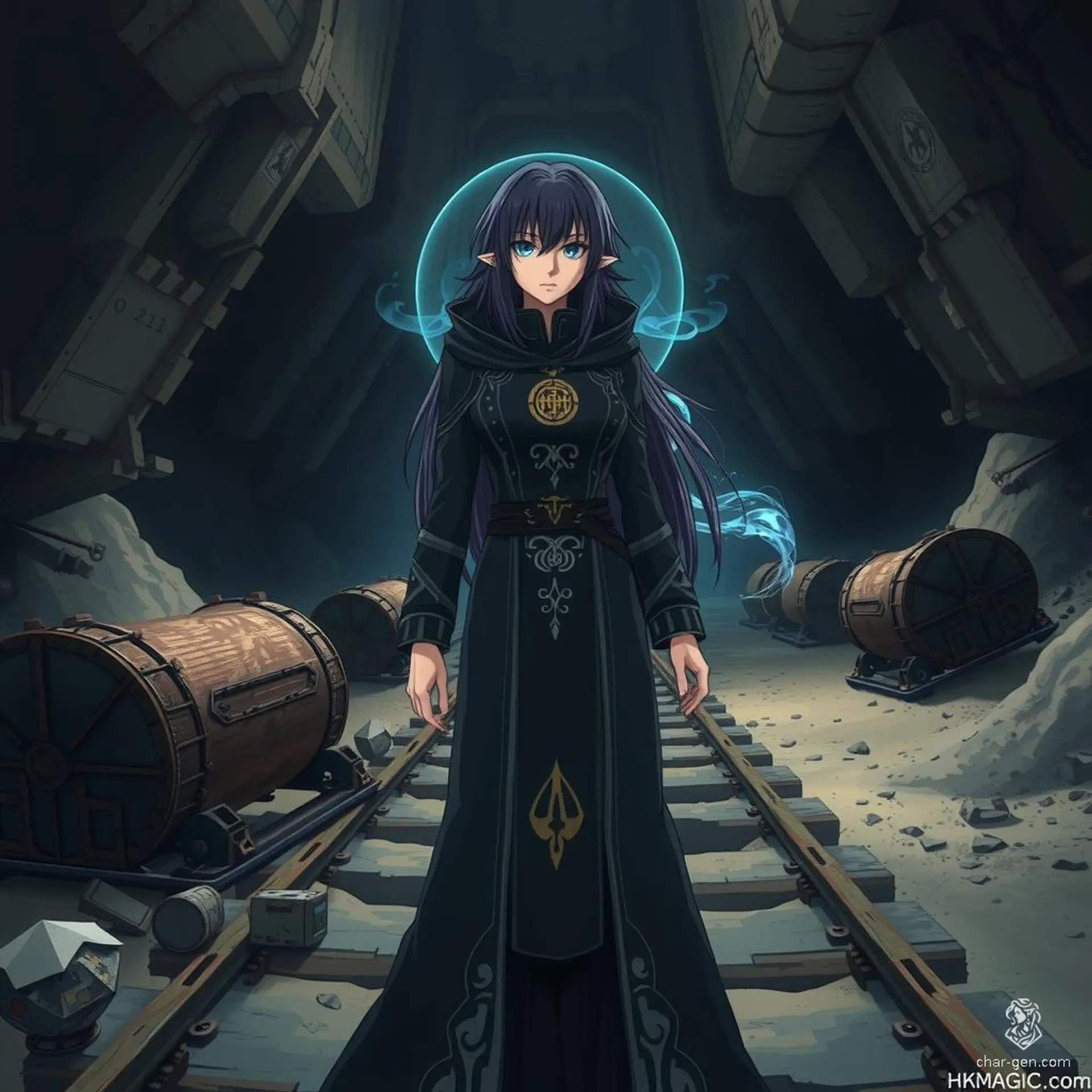 **Character Summary:**
Iva Somb'ra, a 28-year-old female warlock at Silverquill, bears arcane sigils and an aura of dark magic. This raven-haired, obsidian-eyed, shadow-kissed dark elf stands 5 feet tall with ashen skin. Serving the Raven Queen, she detests undead and endeavors to master her powers from a shadowy patron.