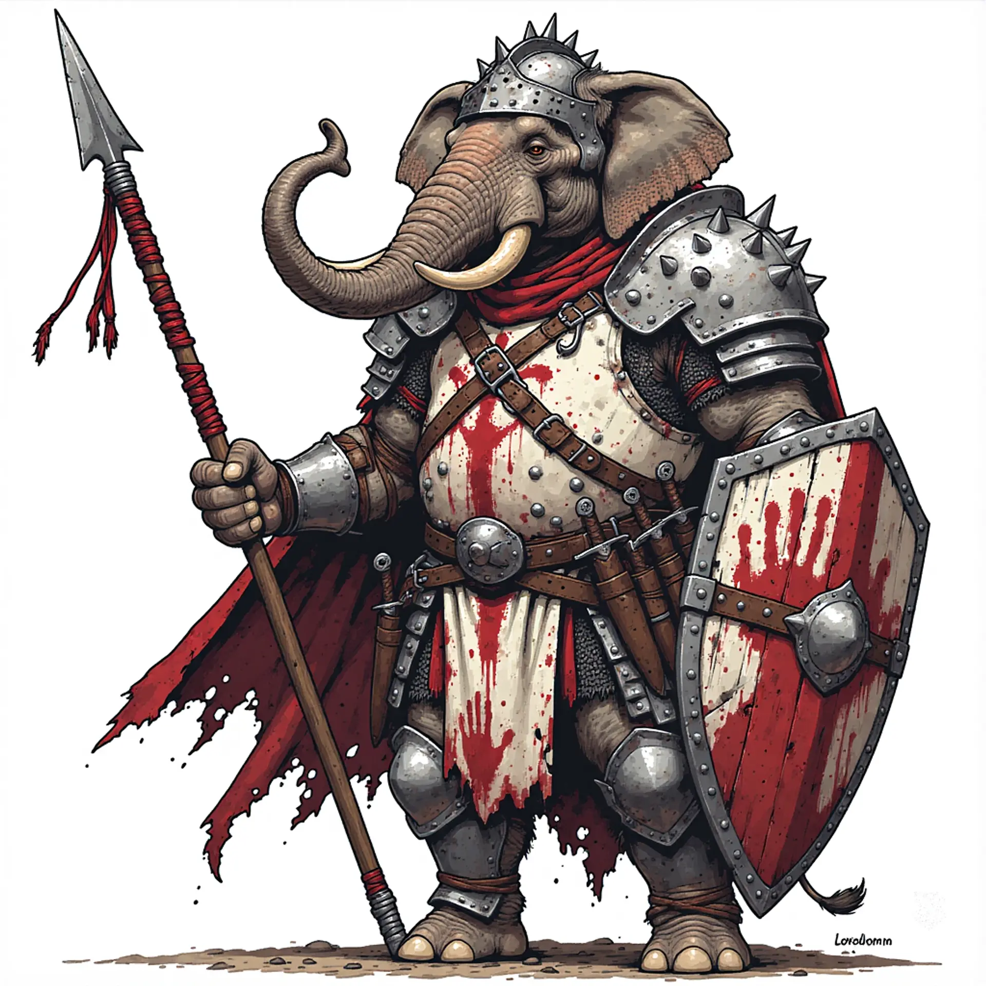Massive Loxodon paladin-assassin in dark, worn garb: thick, wrinkled skin etched with ritual tattoos, greying hair cropped short, trunk and ivory tusks weathered with age, pronounced smile lines and deep wrinkles, eyes calm yet dangerous, concealed daggers and a faint radiant edge-light.