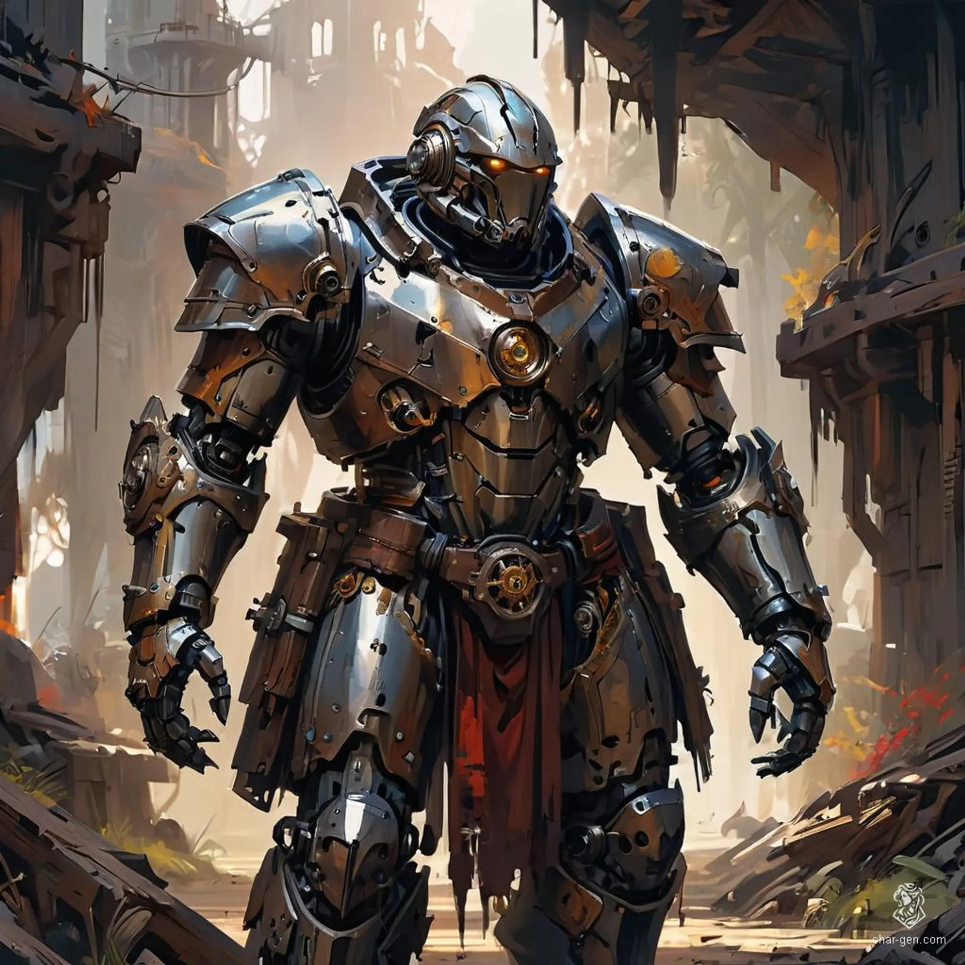 A medieval fantasy warforged Paladin, composed of wood and metal, boasts a dignified aura and protective stance. Enveloped in heavy plate armor and wielding a glowing radiant Sunblade, he embodies chivalry with a fixed robotic face intricately designed with gears, pulleys, and magic.
