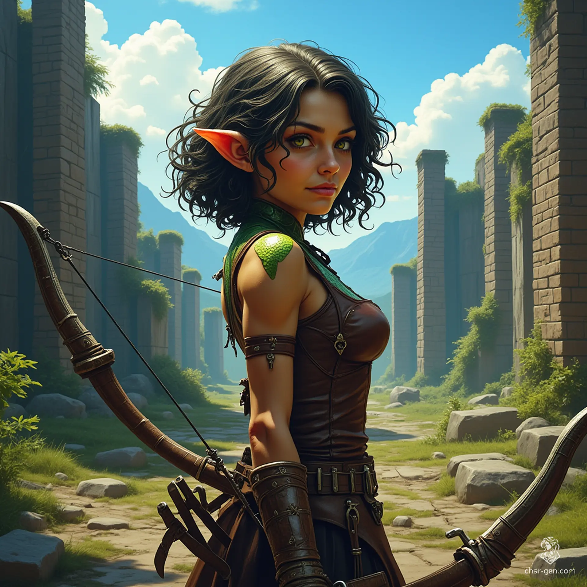 Izzy, a newly emancipated assassin, is a grizzled halfling with medium-toned skin and shimmering green scales. A crossbow specialist, she exudes competence and malice beneath a facade of playful joy. Dressed in sleek, practical leather armor, she lurks in the shadows, embodying the thrill of the hunt.