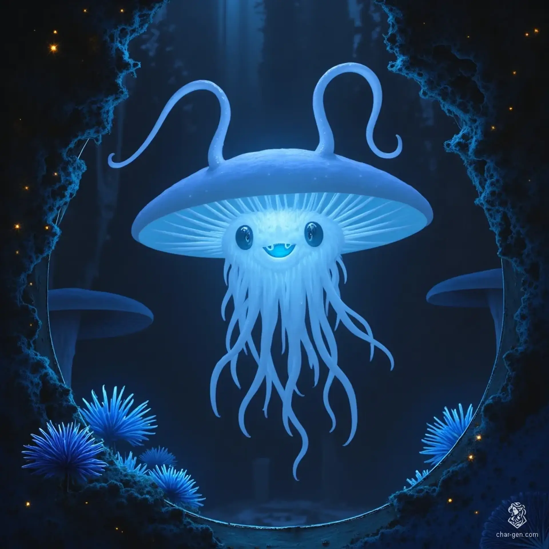A flumph with a flat, disc-shaped body, two long eyestalks flanking a central mouth-like opening, and thick, prehensile tentacles beneath. It floats serenely in the Underdark’s shadows, its translucent white skin softly glowing amid somber, cinematic lighting and intricate stone surroundings.