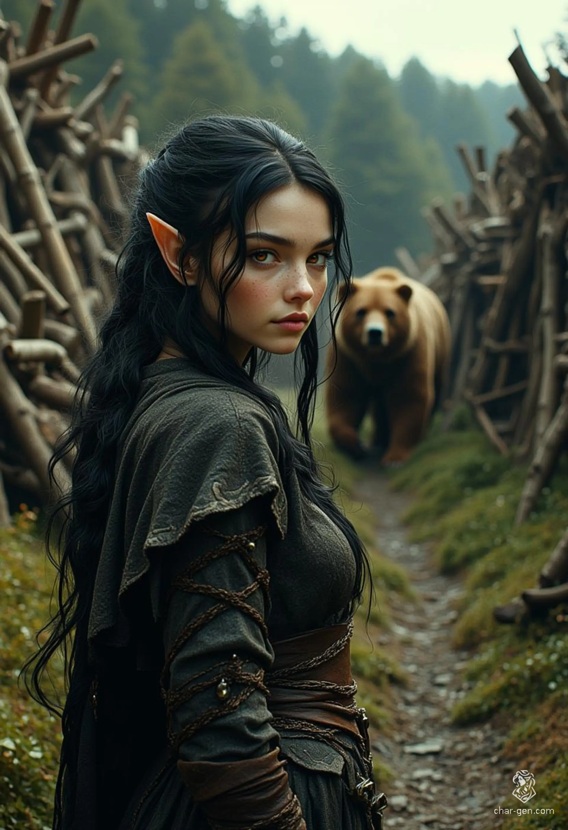 Vex'ahlia, a nimble half-elf ranger, navigates the shadows of the woods with unmatched agility. Abandoned and misunderstood, she finds solace in nature and companionship with a bear. At 21, with jet-black hair and keen brown eyes, she thrives as a skilled hunter, embracing her outlander spirit.