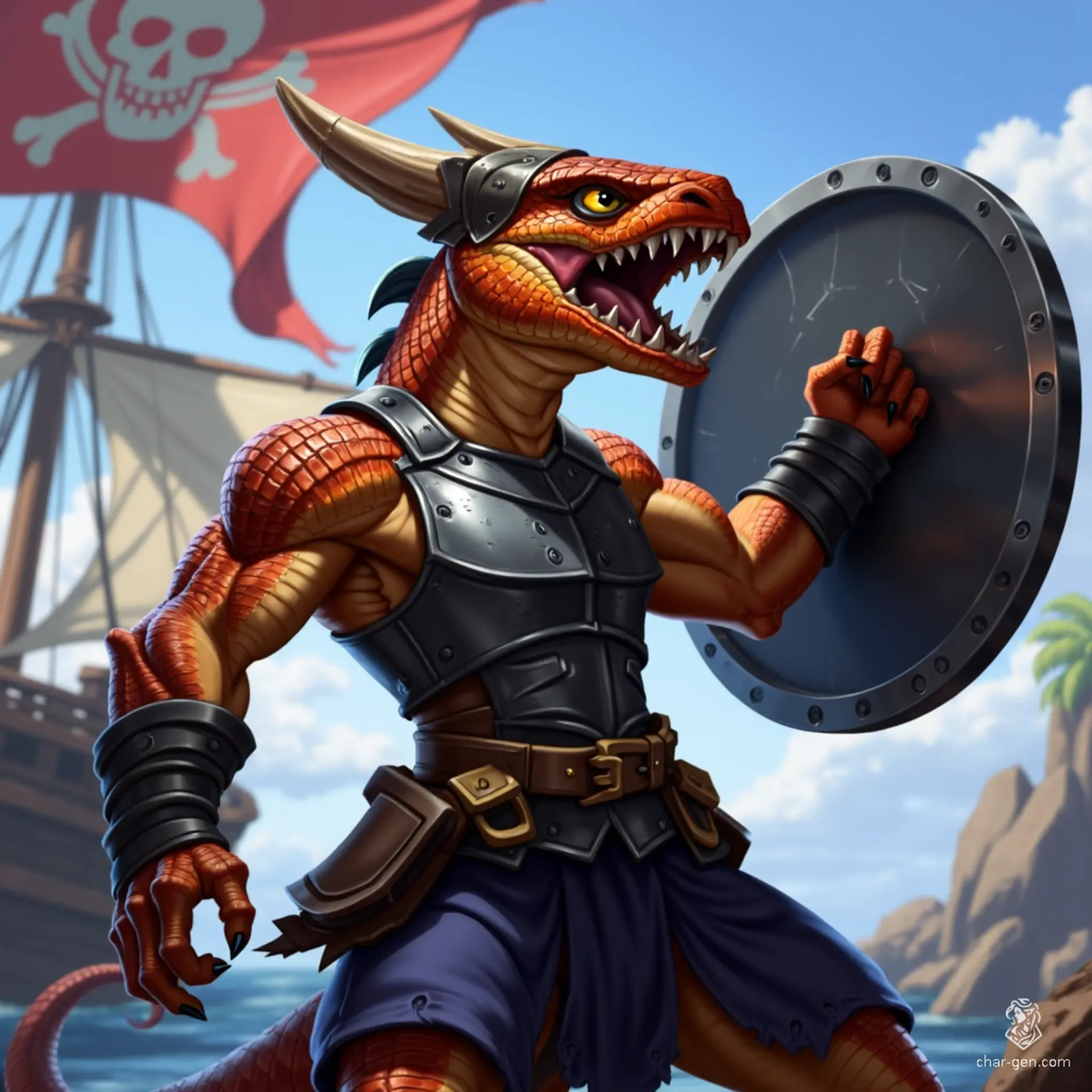Luna, a muscular half-kobold, half-goloma fighter, exudes confidence with glossy copper-black scales and eight spider-like eyes. Clad in a steel breastplate and raising a shield defensively, he snarls fiercely, revealing dragon-like fangs. A dynamic presence, he balances strength and agility, embodying the spirit of a hardened outlaw.