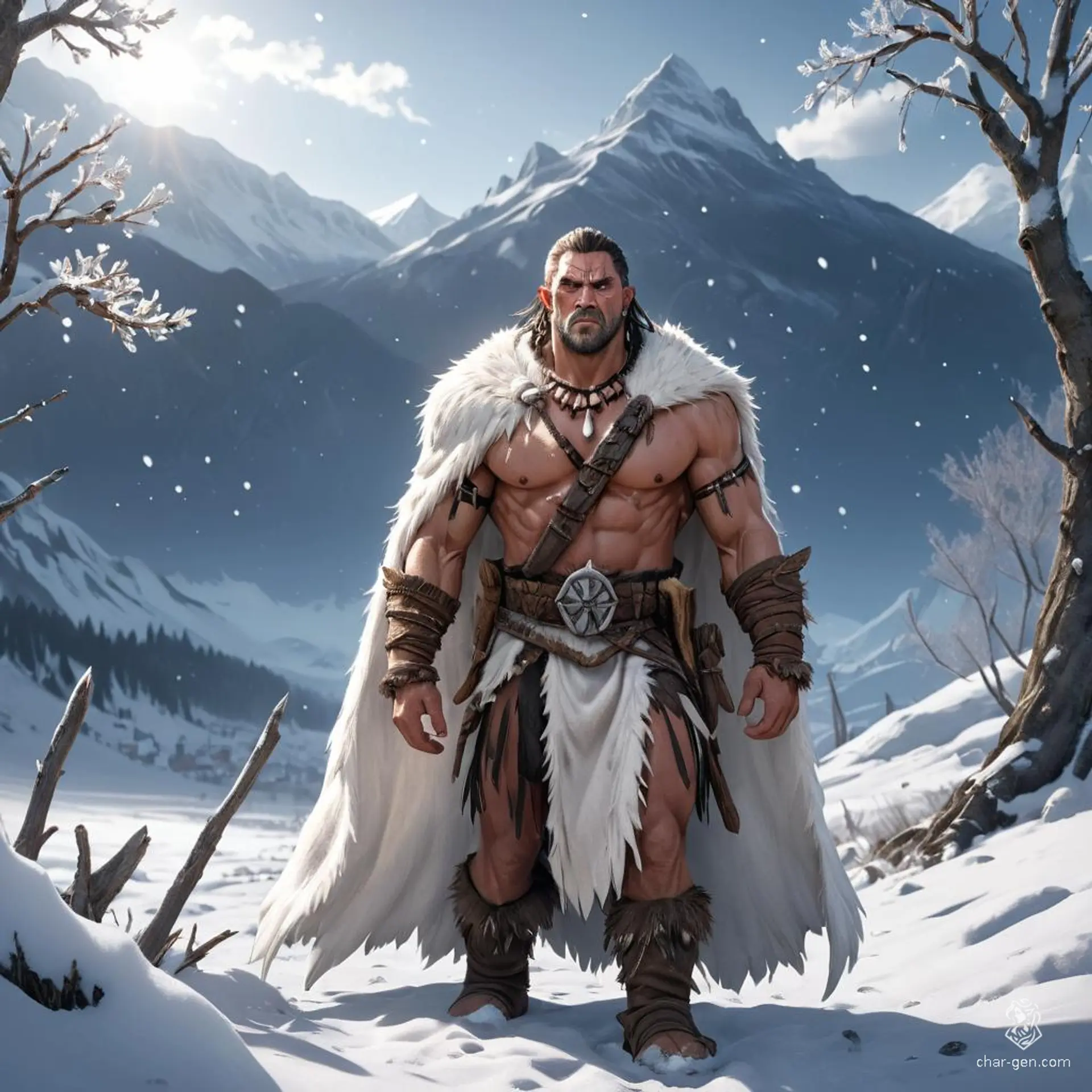 A towering, weathered barbarian chief, this elderly man exudes raw strength and primal wisdom. Clad in simple villager garb beneath a striking white fur cloak, his fierce demeanor and rugged features reflect a life of hard battles and deep-rooted traditions in a wild, untamed land.