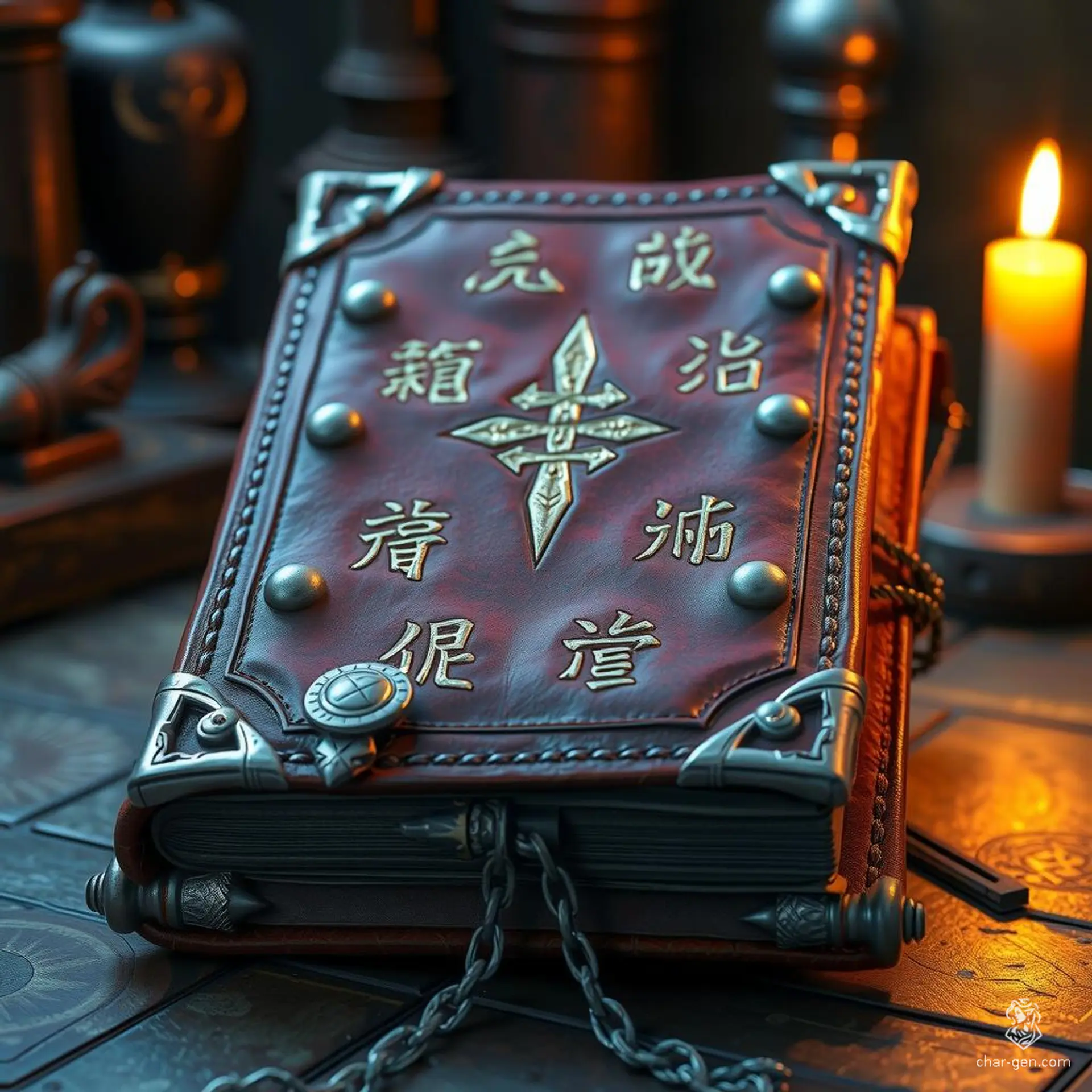 Dao Genie's Grimoire is an ancient, leather-bound tome gifted by a genie to a warlock. It contains powerful magical secrets to fulfill desires. Etched with mystical runes that shimmer faintly, it is adorned with metal corners and a secure metal latch.