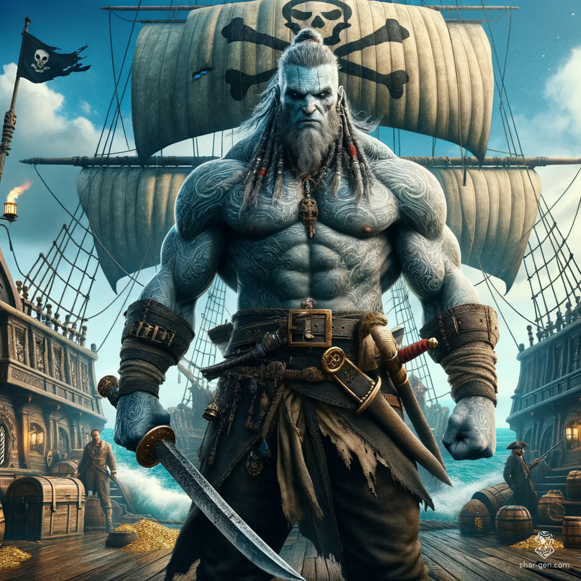 A tattooed-skinned goliath half-giant pirate with a muscular build, bald head, large nose, and grey skin. He sports a tricorn hat and braid, wielding a cutlass while seeking treasure. The tattoos add a striking contrast to his imposing presence.