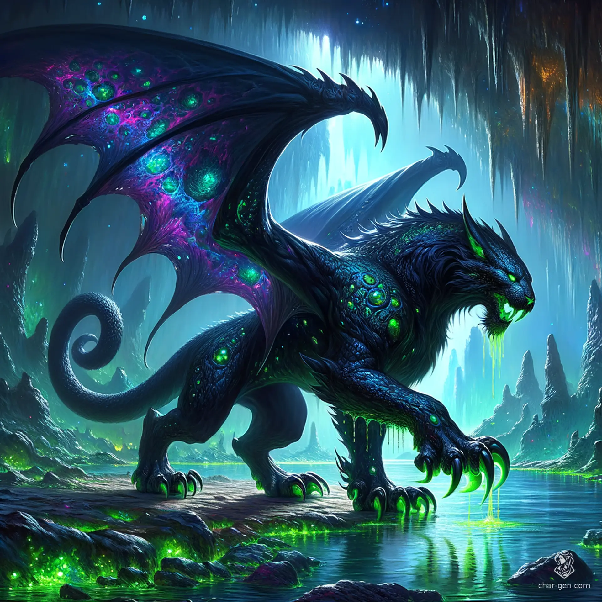 In an epic fantasy setting, a displacer beast skulks along the dark edge of a vast Underdark lake. Its dragon-like appearance is marked by black scales and imposing wings tipped in green. Acid drips ominously from its claws, while its panther-like head boasts a lizard snout. A murky mist rolls in from the lake, shrouding the scene in eerie obscurity. The untouched black water reflects the shadowy cavern ceiling adorned with stalactites.