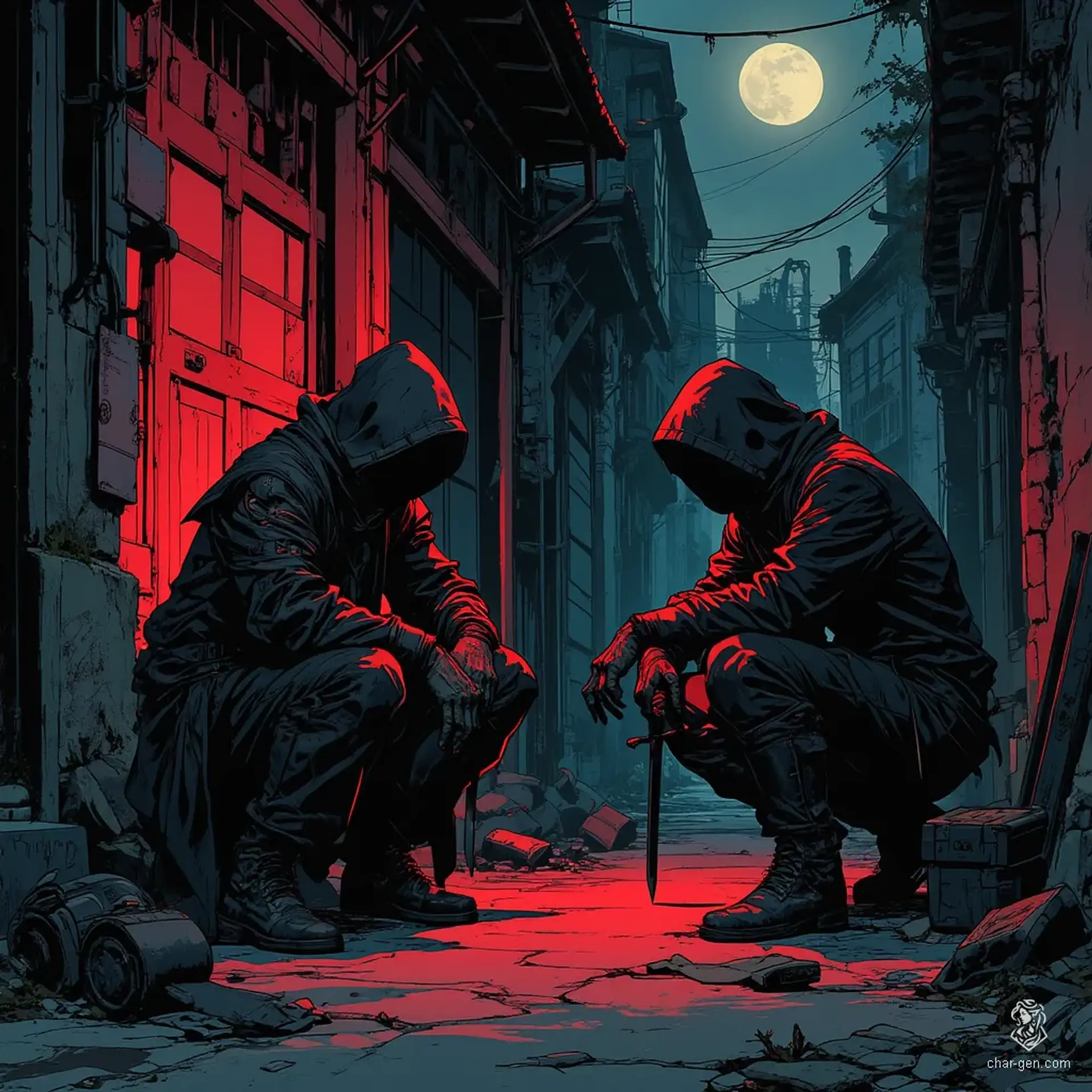 In a moonlit medieval alley, two shadowy figures lurk, cloaked in tattered garments. One thief brandishes a glinting dagger, their faces obscured by hoods. With dramatic chiaroscuro lighting and intricate details, the scene evokes tension and mystery, hinting at a bustling town just beyond the darkness.