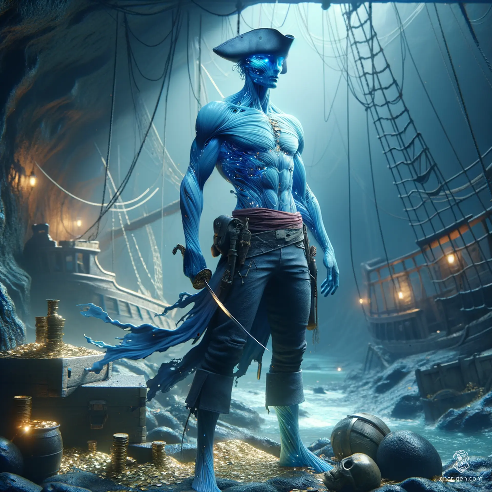 A blue-skinned, formless plasmoid pirate, this male rogue exudes a stealthy aura. Perfectly round and jelly-like, he brandishes a cutlass and wears a tricorn hat. His bald head and tattooed body, combined with his light footed stance, mark him as a unique treasure-seeking pirate healer.