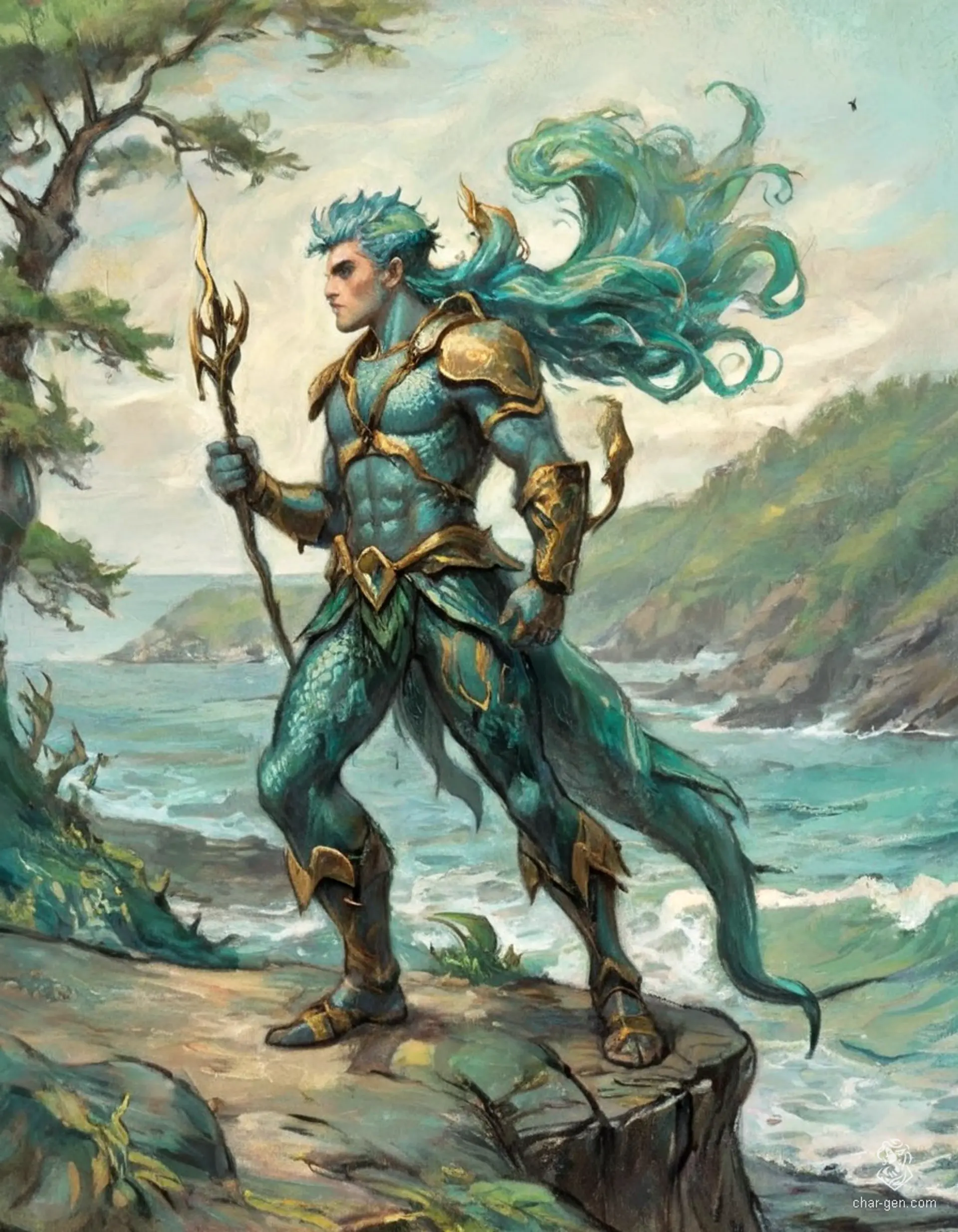 Kaelen Reefstrider, a striking male triton ranger, merges oceanic and forest realms with deep aqua skin and kelp-green hair adorned with natural treasures. Clad in sea-forged leather, he stands confidently at a cliff’s edge, guarding both land and sea with quiet strength and grace.