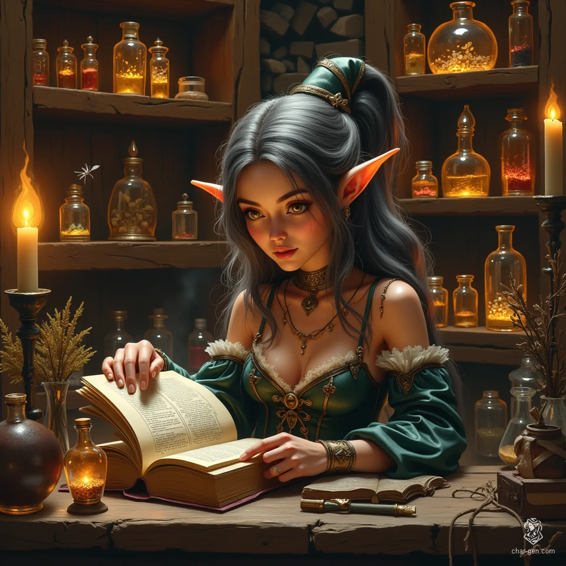 Maryam, the Apothecary Witch, is a graceful, tan-skinned elf imbued with wisdom and curiosity. With her shoulder-length, tea-colored hair streaked with grey and rimless spectacles, she embodies discerning care. Surrounded by potions and herb jars, she delves deep into her mystical tome, her spectral spider familiar hovering nearby.