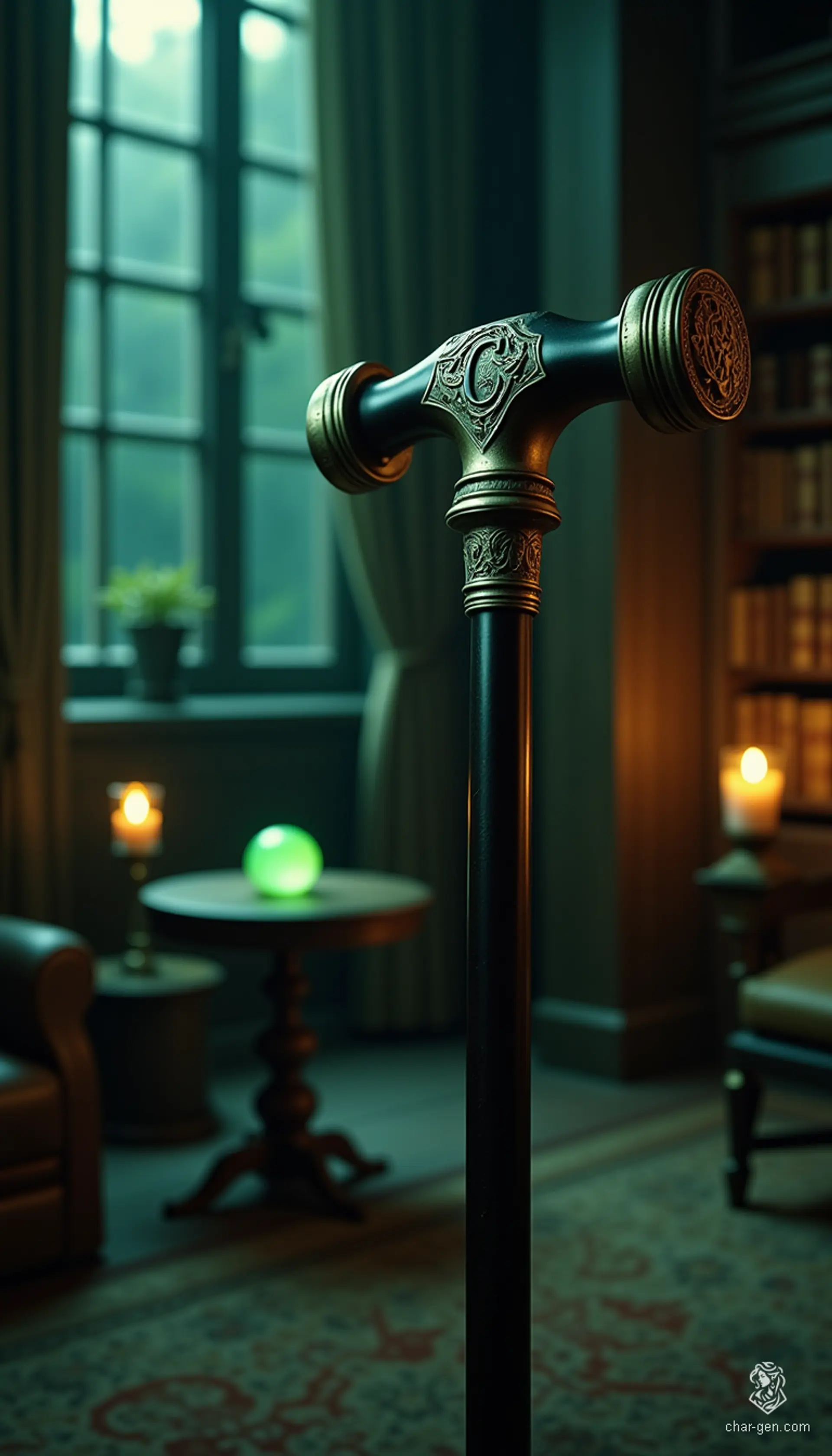 The Cane of Whispers is a beautifully crafted 32-inch walking cane made from polished ebony, topped with an ornate silver handle engraved with a capital "C." It grants its wielder the ability to communicate with the spirits of the past, revealing forgotten secrets and hidden knowledge during moments of introspection.