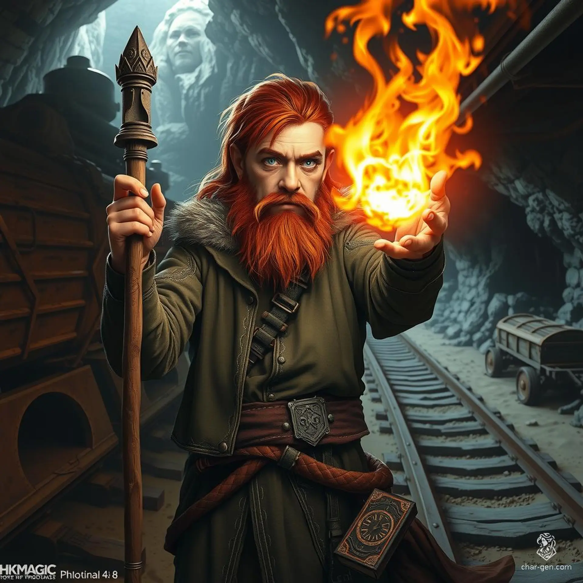 Daerrig Flintforce, a stout 4'8" tan-skinned dwarf wizard, boasts a big beard and shiny copper-brown hair. He wields a quarterstaff and a magical tome. With blue eyes and enchanted garments adorned with arcane sigils, Daerrig passionately casts fireballs, seeking fame and renown while idolizing ancient heroes.