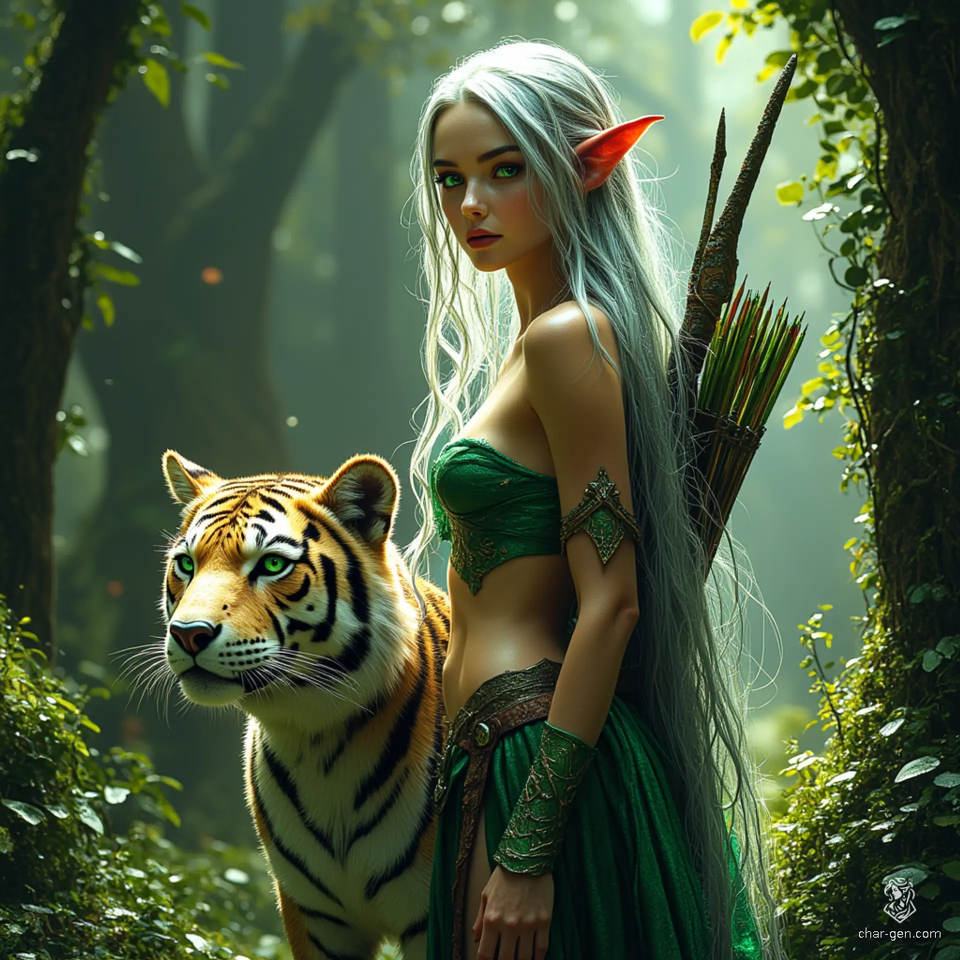 Sylara, a stunning elf ranger, embodies the essence of the forest with her long, silver hair and piercing emerald eyes. Clad in intricately designed leather armor, she wields a finely crafted longbow, accompanied by her fierce saber-tooth tiger, Fang. Together, they protect their lush home with fierce grace and unwavering loyalty.