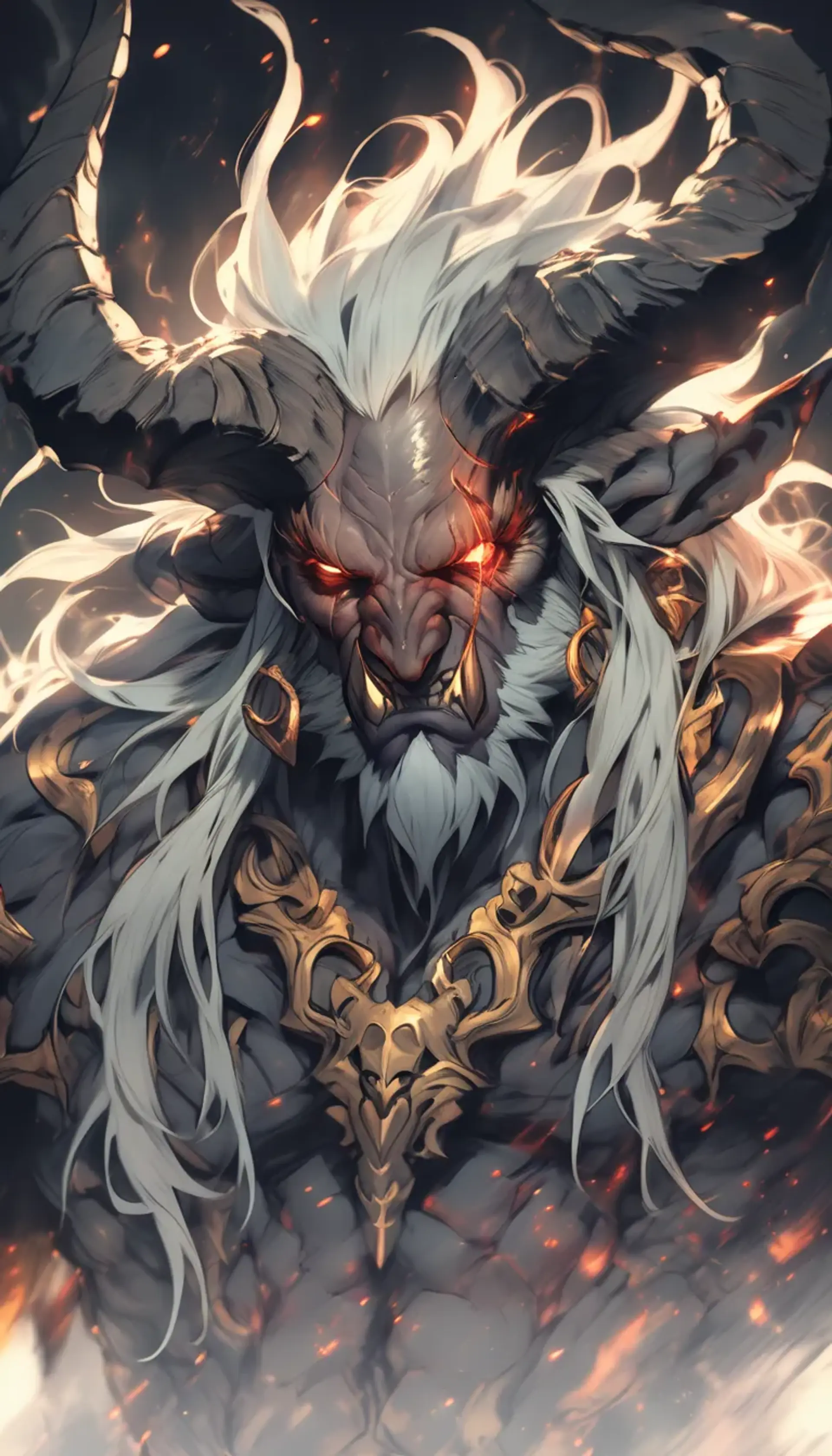 An ancient infernal demon with cracked obsidian skin and massive horns, its face and shoulders marked by glowing red scars. Molten lava flows from its mouth and chest, framed by sharp tusks and tangled white hair streaked with gold, radiating dark, fiery power in hyperreal detail.