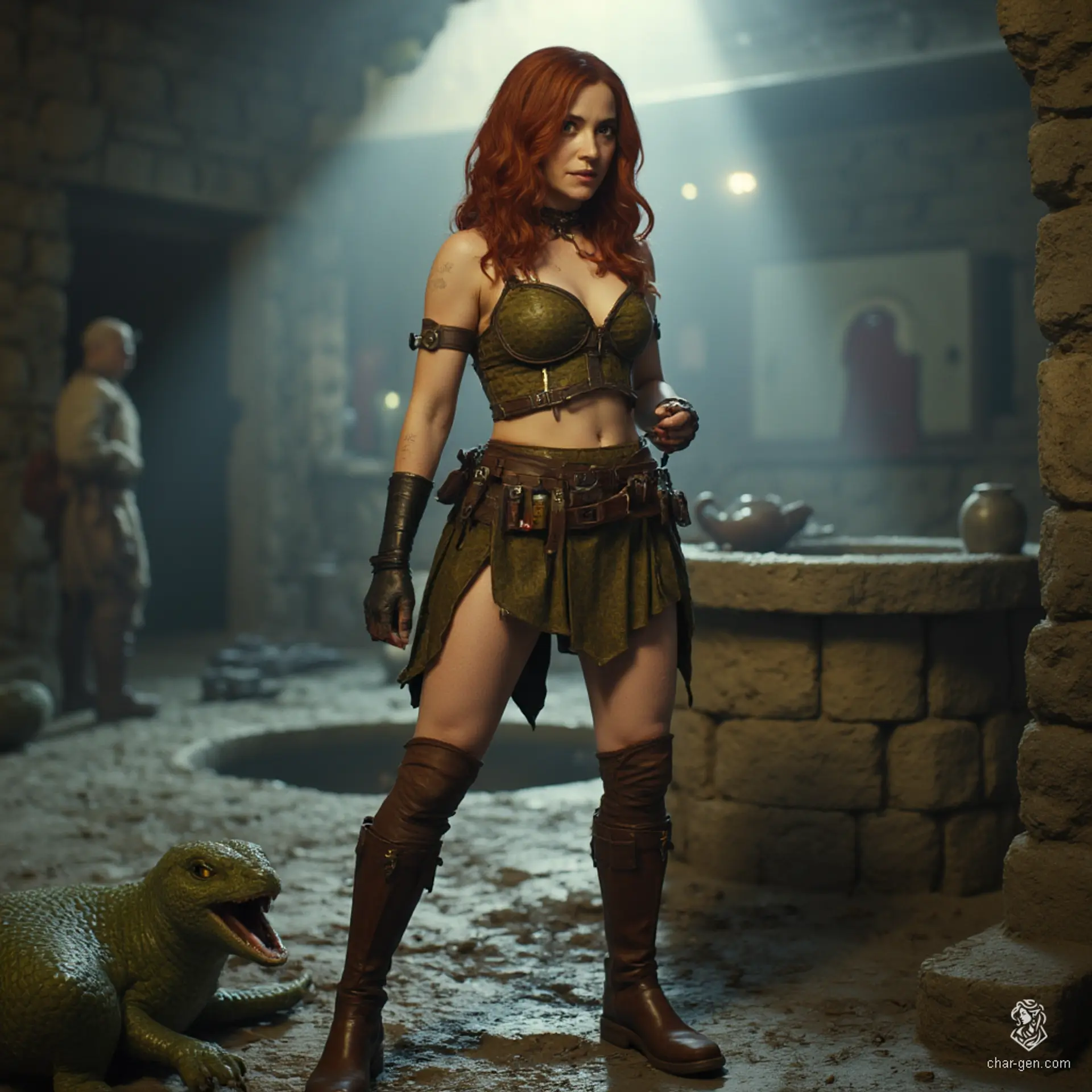 Izzy, a newly emancipated halfling assassin, is a captivating blend of danger and charm. Her athletic frame is adorned with subtle, shimmering green scales, and her striking yellow-green eyes reveal her predatory nature. Clad in fitted leather armor, she embodies stealth and competence as she prepares for her next hunt, her mischievous smile hinting at the thrill beneath her lethal exterior.