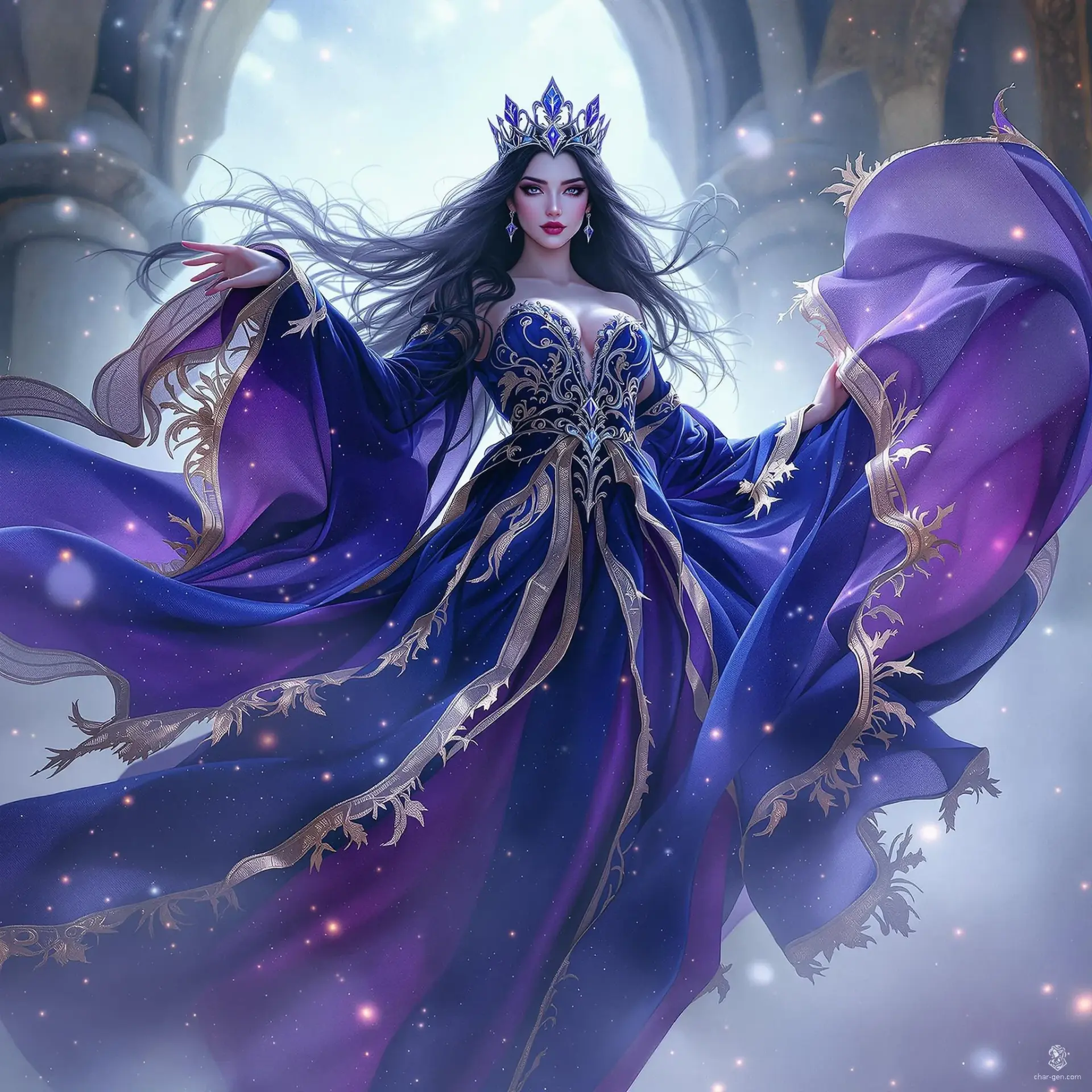 An ethereal queen, she floats midair, draped in flowing, dark blue and violet robes with gold trim. Her calm, commanding gaze mirrors the grace of her raised hand, adorned with gold jewelry. A silver-blue crown crowns her dark hair, exuding mystical authority amidst a glowing, mystical aura.