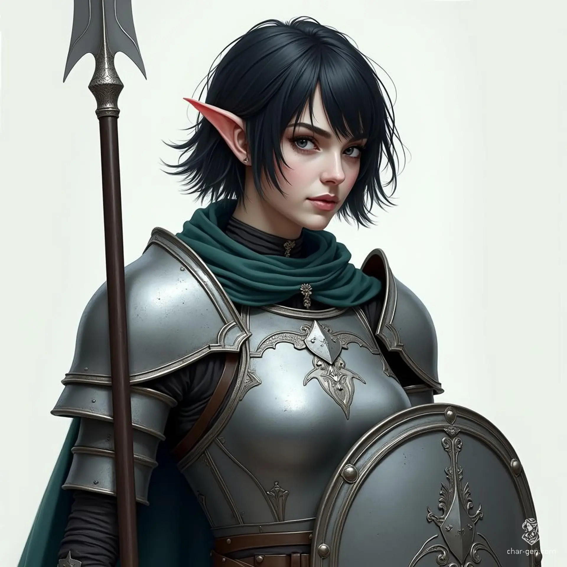 A formidable female shadar kai elf, she boasts short raven black hair and milky white skin, her coal-black eyes piercing through the darkness. Clad in gleaming silver full plate armor, she wields a spear and shield, embodying elegance and strength in battle. 