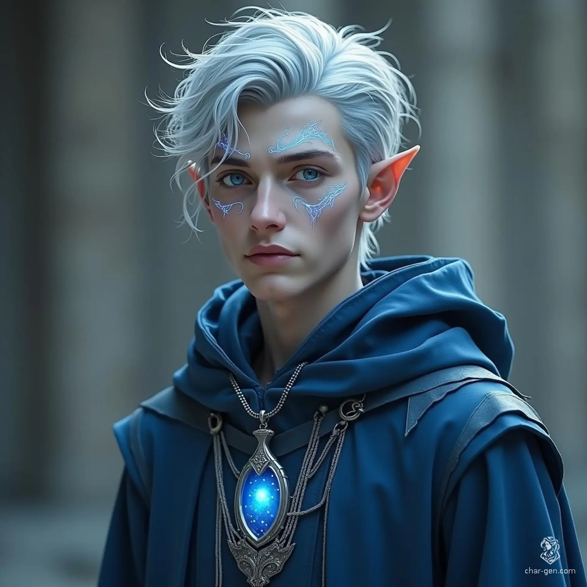 Vollaron is a frail high-elf with angular features, pale skin, and tousled silver-gray hair. His piercing blue eyes and glowing arcane markings hint at his mastery of chronomancy. Clad in oversized blue and silver robes, he possesses an ethereal presence, exuding mystery and magical power.