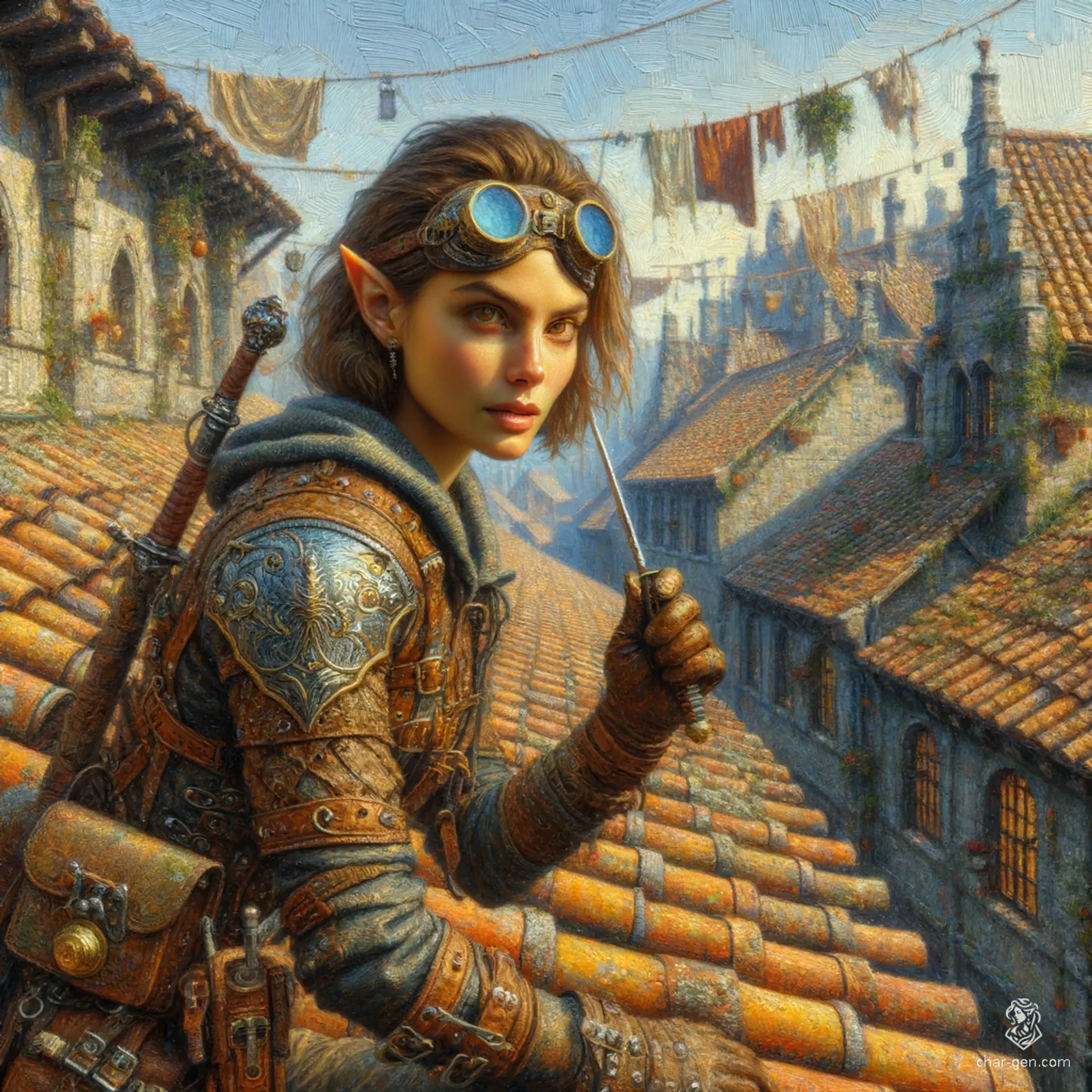 Odette Greyhound is a nimble and intelligent half-elven artificer and rogue, sporting short light brown hair and an inquisitive, round face. Adorned in intricately detailed leather armor and intricate goggles, she stealthily navigates rooftops with a rapier in hand, embodying both wisdom and technical mastery.