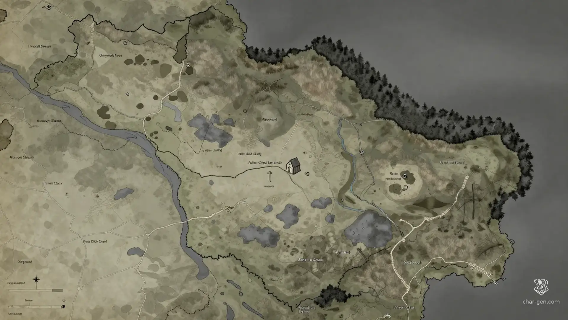 The Ashen Chapel Lowlands - AI-generated fantasy Region