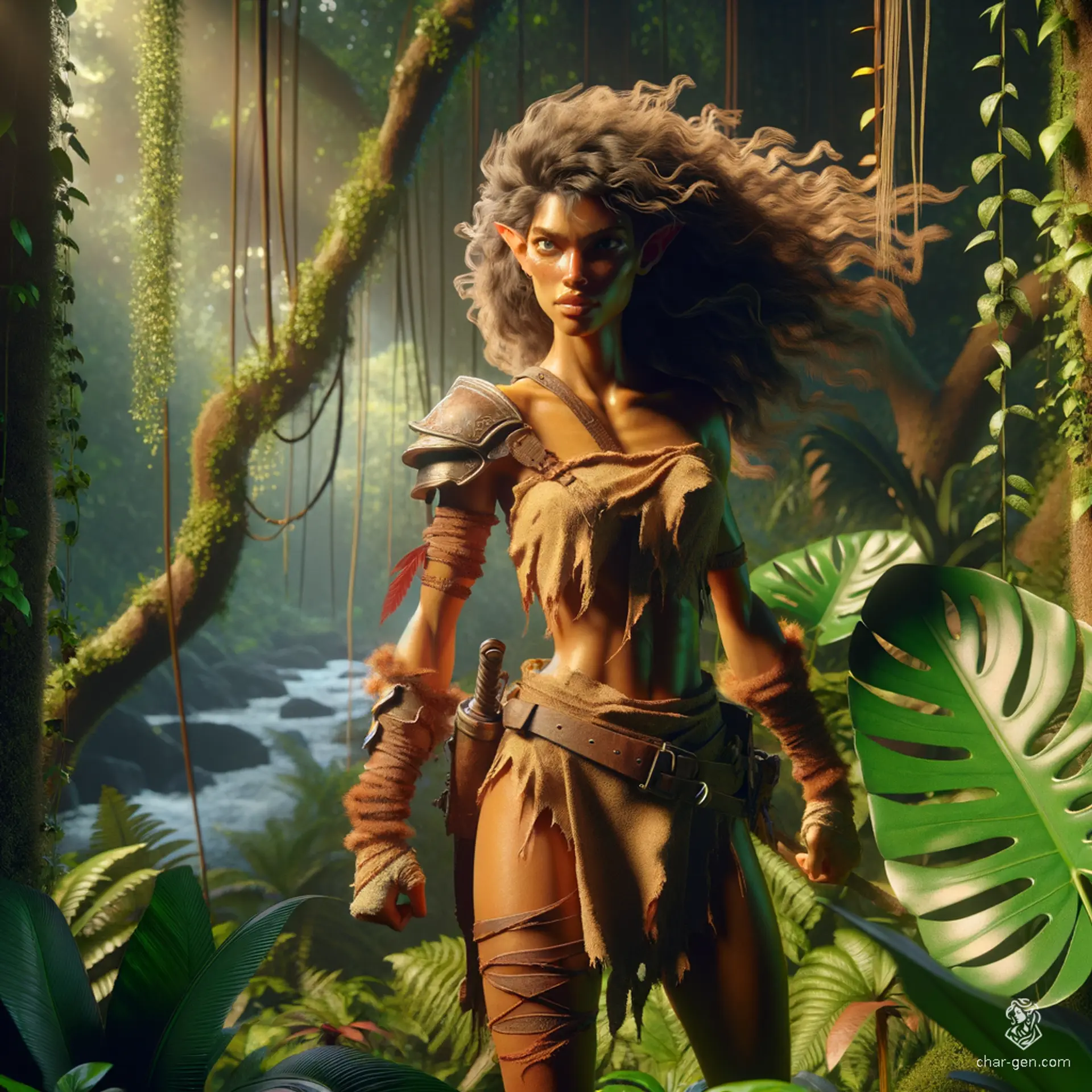 A fierce half-elf barbarian, she embodies both wild spirit and rugged strength. Her curly hair frames a tan-skinned visage, marked by fierce determination. Dressed in a torn loincloth, she navigates the harsh wilderness, a striking figure of resilience and untamed beauty.