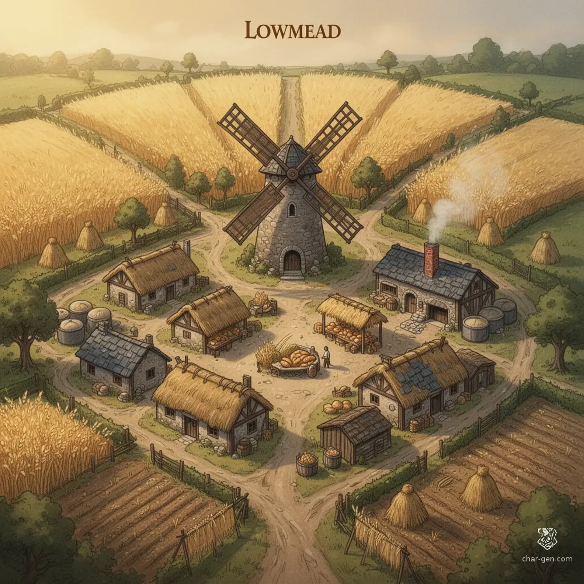 Lowmead - AI-generated fantasy Settlement