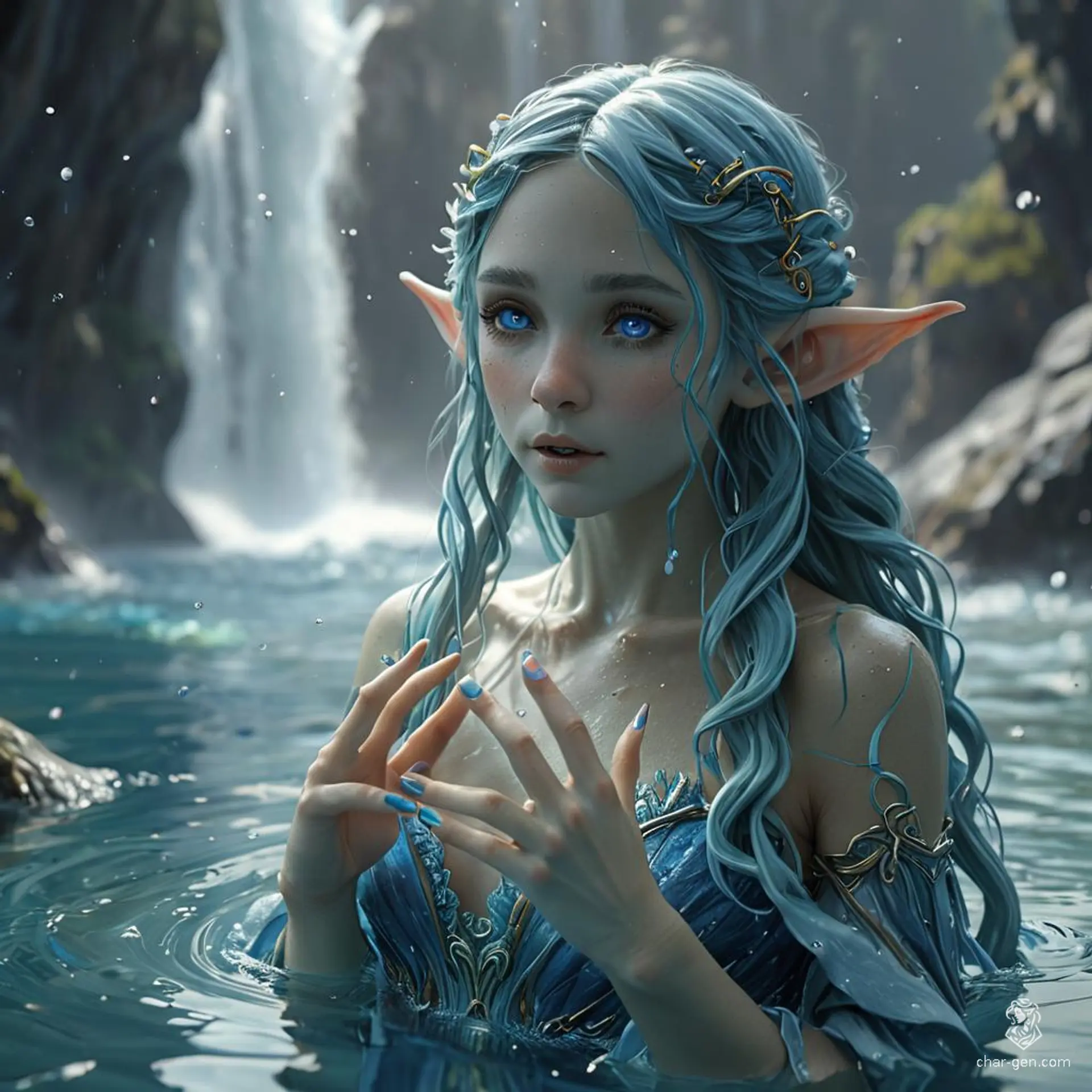 Oceanic, a fair-skinned sea elf with vivid blue skin, boasts long, webbed fingers and toes, and visible gills. With her hair braided, she exudes calmness and fluidity in a bikini. As a monk, her serene expression and graceful posture stand out.