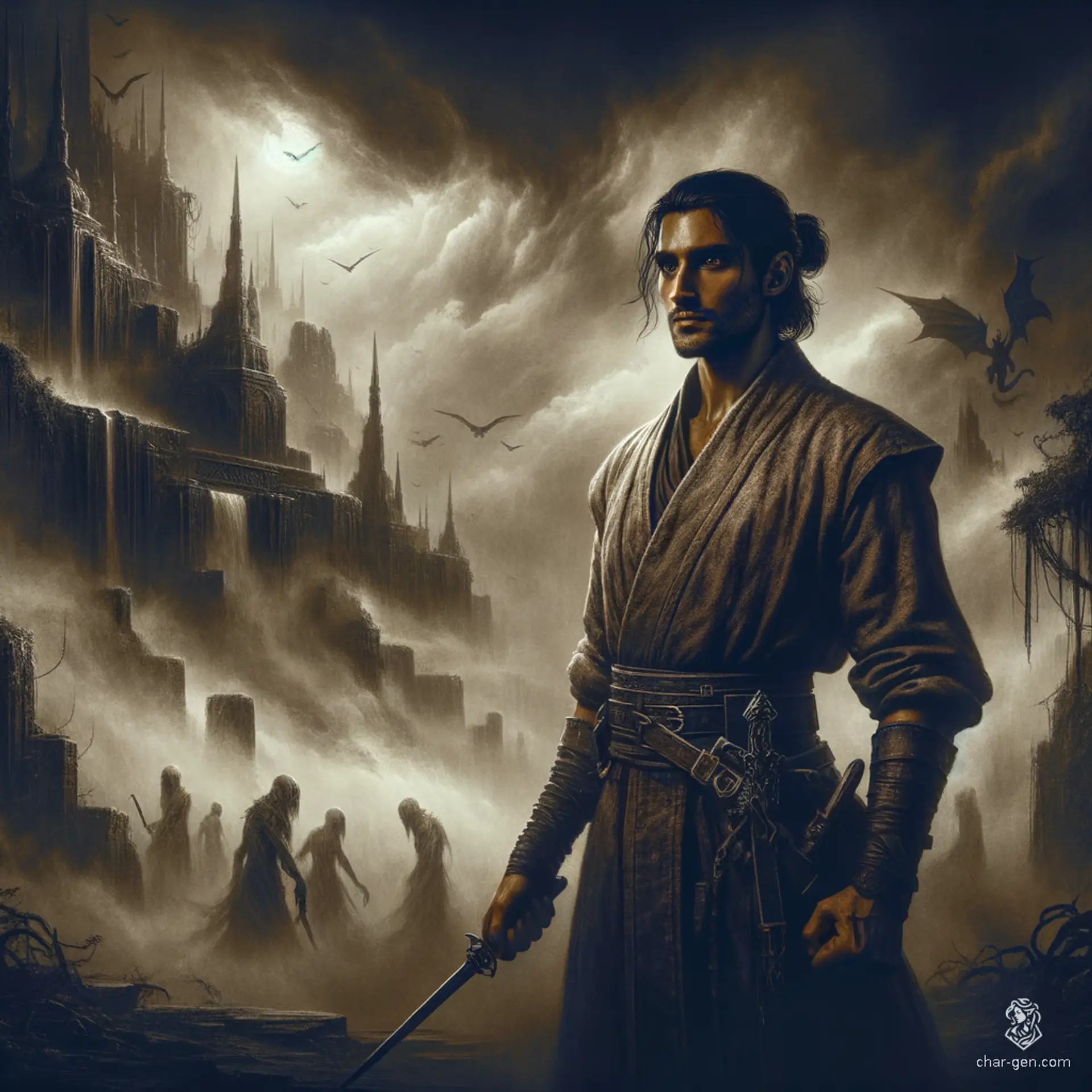 Zalthor Dawnkeeper is a 35-year-old aasimar monk known for his noble demeanor and fluid grace. Standing 6'7" with distinct caramel skin and unusual light brown eyes, he wields a dagger with skill. Despite his angelic aura, he harbors deep resentment for gods and primordials.