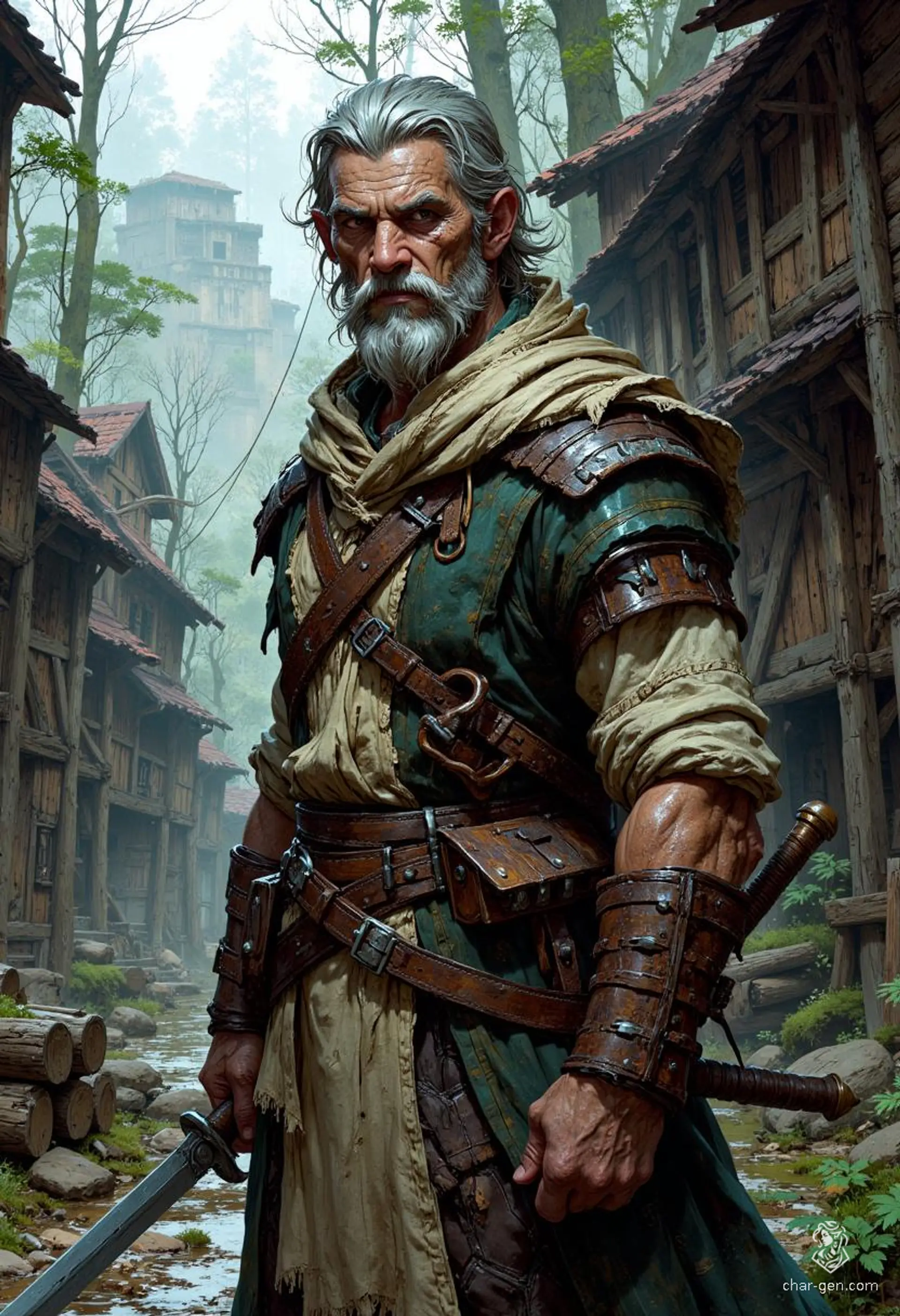 Tancrede, a rugged 55-year-old human fighter, embodies resilience and strength. Once captain of the Citadel guard, his keen eye and mastery of diverse weapons reflect his ranger and rogue skills. Haunted by a tragic past, he fiercely protects nature while seeking vengeance against the dragon that stole his former life.