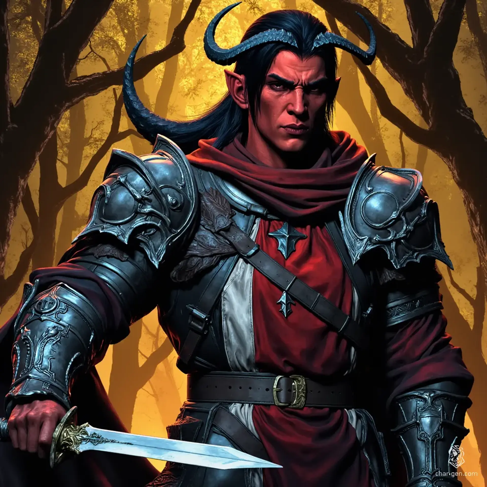 A dignified male tiefling paladin, clad in polished plate armor adorned with a striking red and white tabard and a flowing red cloak, leads a band of mismatched soldiers. With jet-black hair and devilish horns, his protective stance commands respect in their quest for glory.