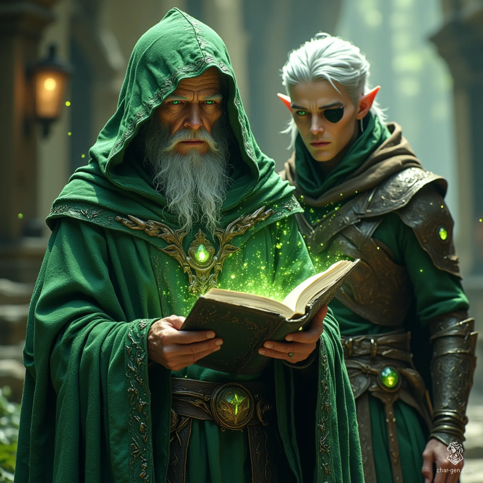 In a mystical glade, a green-robed wizard clutches a mysterious closed book, brimming with arcane secrets. Behind him strides a white-haired elf ranger, clad in sleek leather armor, his lone eye glinting with determination, as they embark on an adventure fraught with danger and magic.