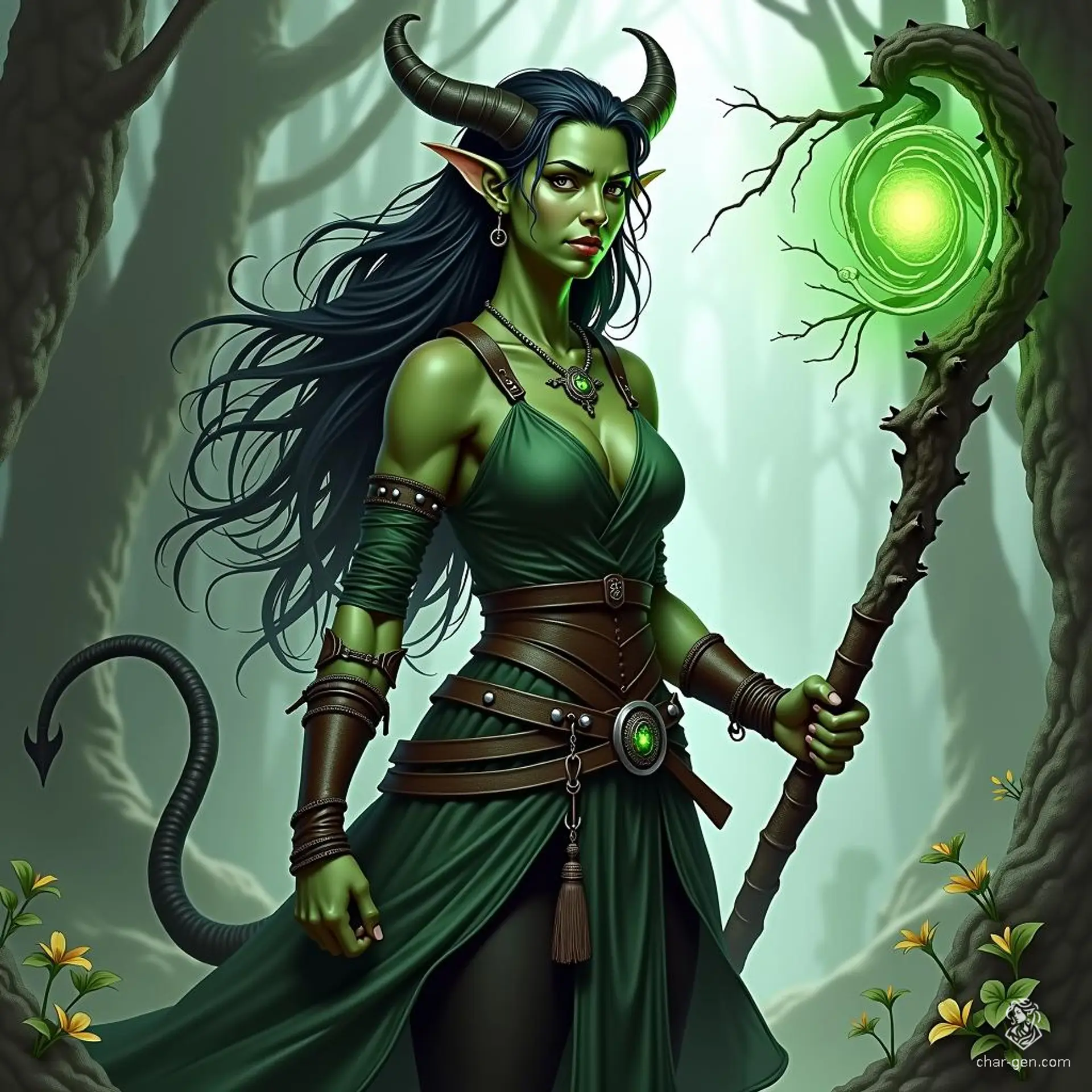 Saoirse Banrìgh, a green-skinned tiefling druid, combines her innate affinity for nature with the pain of her abandonment. With horns and a long tail, she wields her druidic focus as she seeks her higher calling while navigating the dangers of a dark forest and treacherous mines.