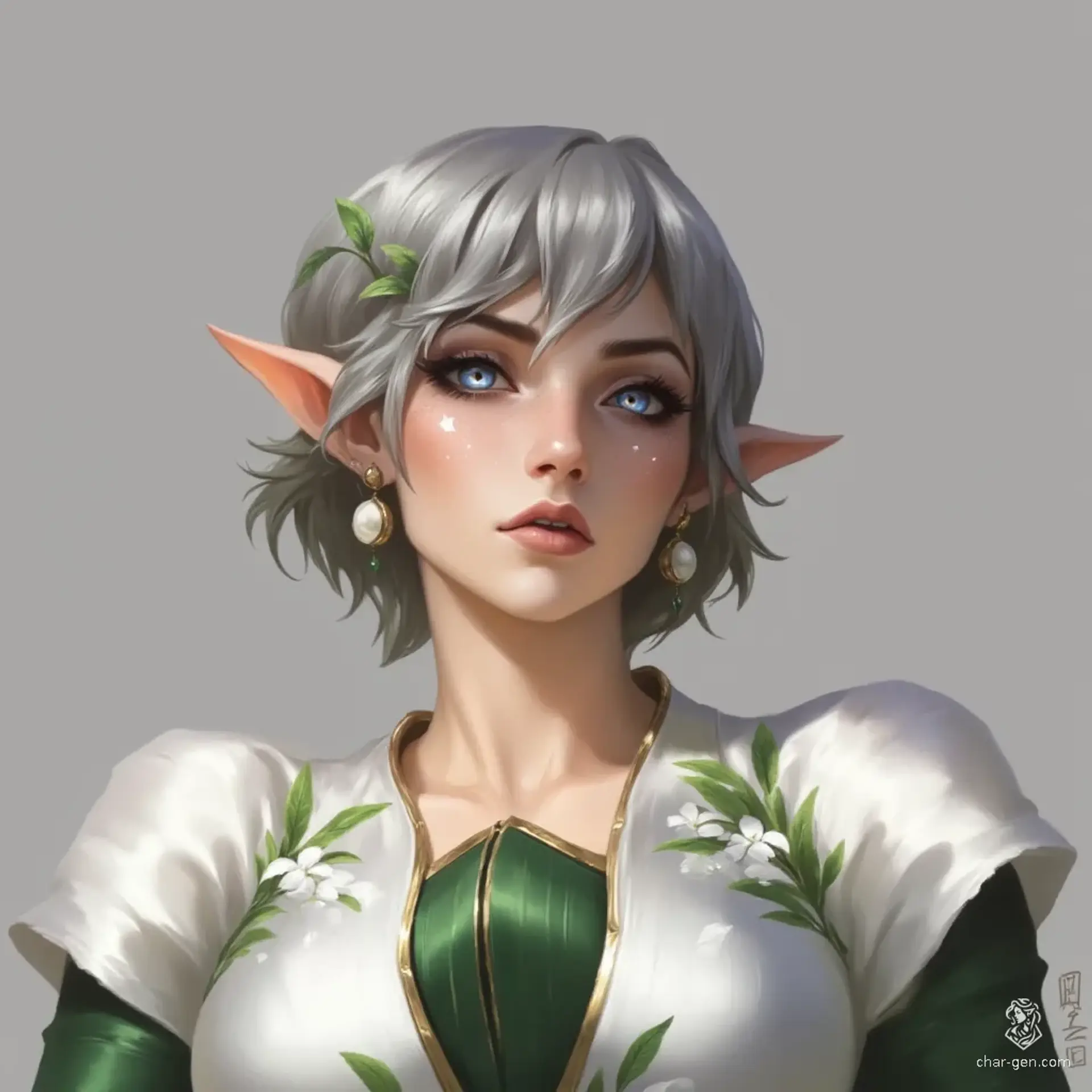 An alluring middle-aged elf, she possesses striking white starry eyes and a short grey bob adorned with delicate white flowers. Sparkling freckles dance across her cheeks. Clad in a thin, silk white dress intertwined with green leaves, her worried expression reveals a deep concern for the world around her.