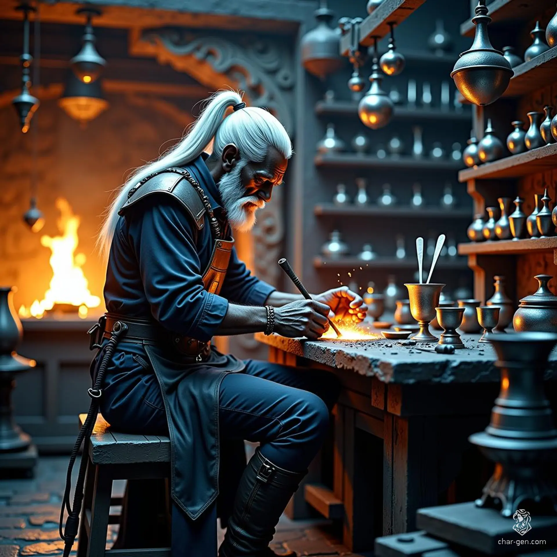 Meet Zarek, a skilled male drow silversmith with dark grey skin and striking white hair tied in a ponytail. Clad in a black leather work shirt and dark blue pants, he crafts exquisite silverware, his intricate goggles and mechanical devices hinting at his artistry and ingenuity.