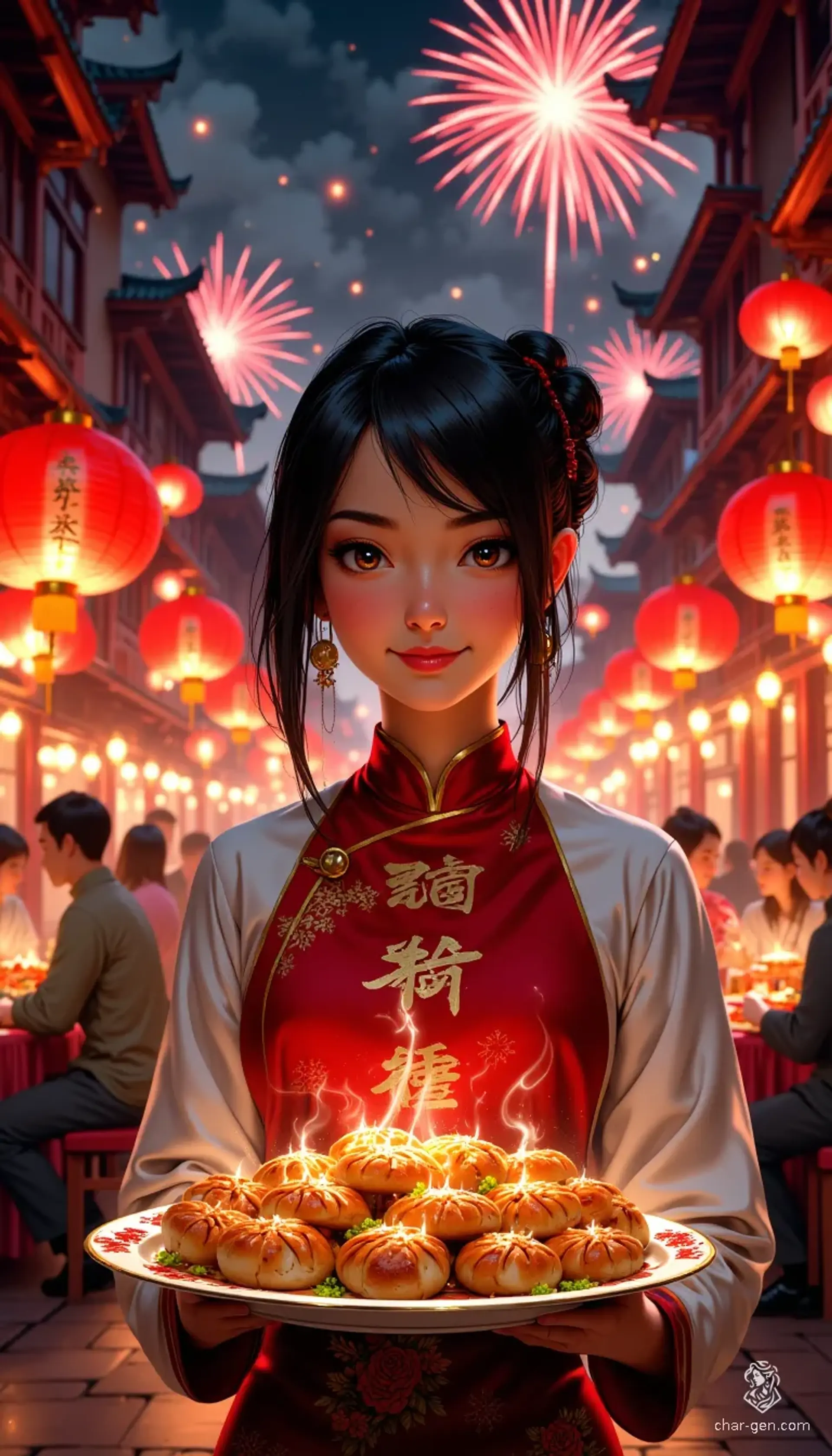 A young Asian woman, dressed in traditional Chinese attire, gracefully navigates a bustling kitchen, her midnight black hair cascading around her shoulders. With a warm smile, she serves steaming bahn bao, embodying both culinary skill and the vibrant spirit of her surroundings.