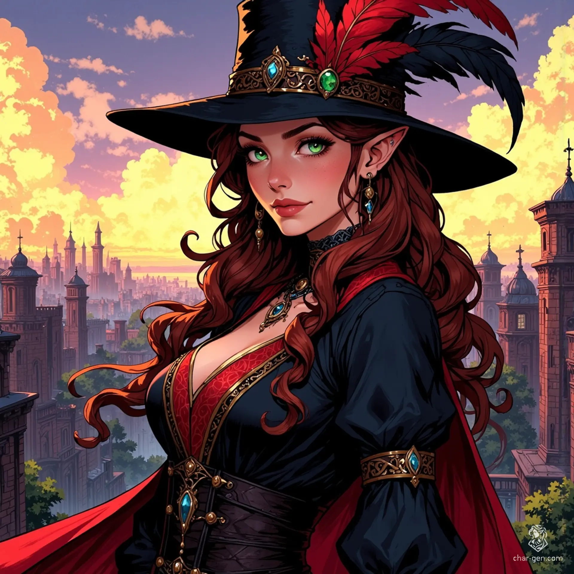 In a vibrant medieval city at twilight, a daring 19-year-old femme fatale with long brown hair and striking green eyes stands poised on a rooftop. Dressed in a black and red cassock adorned with silver embroidery, she tilts her feathered hat, her masquerade mask framing a taunting smirk as guards pursue her.