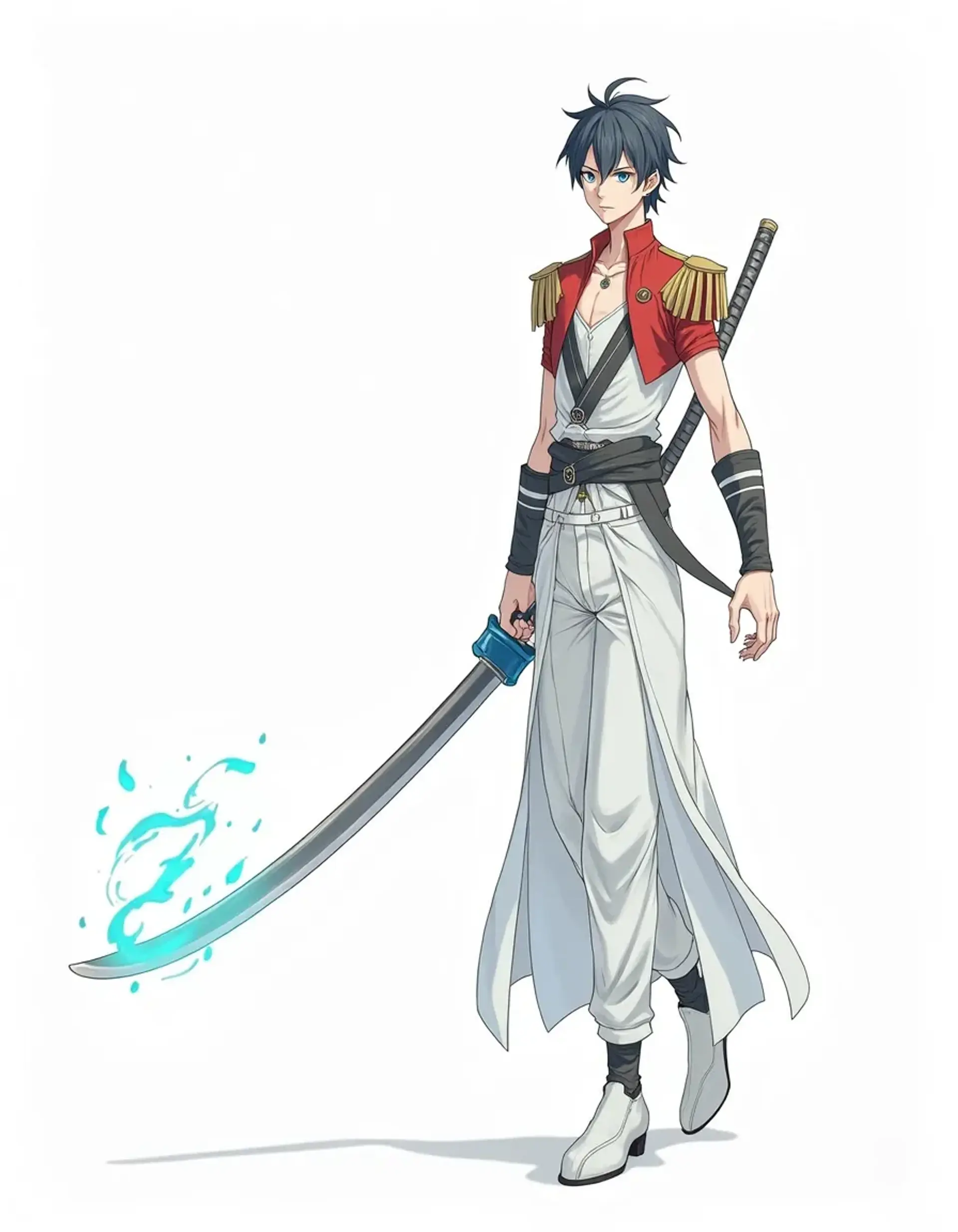 A striking figure in his mid-twenties, this young captain boasts flowing black hair and piercing blue eyes. Adorned in a vivid red uniform with a white undershirt, he wields a gleaming nodachi, its long, curved blade crackling with magical energy, reflecting his fierce determination and skill.