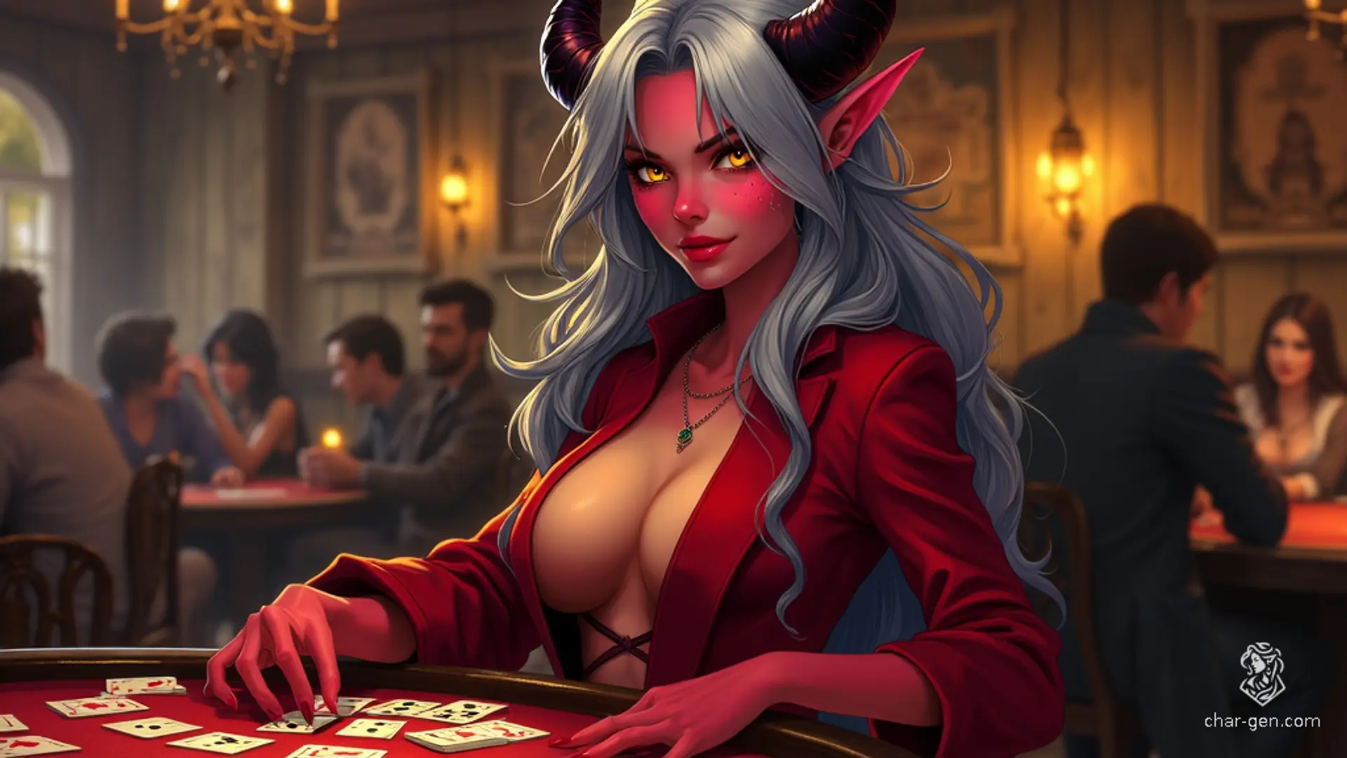 A crimson-skinned tiefling woman with flowing metallic silver hair, elegantly curled horns, and glowing yellow eyes, exudes allure and mischief. She wears a revealing red coat, displaying her ample cleavage. As a confident and flirtatious card player, she skillfully flicks enchanted cards, captivating her audience.
